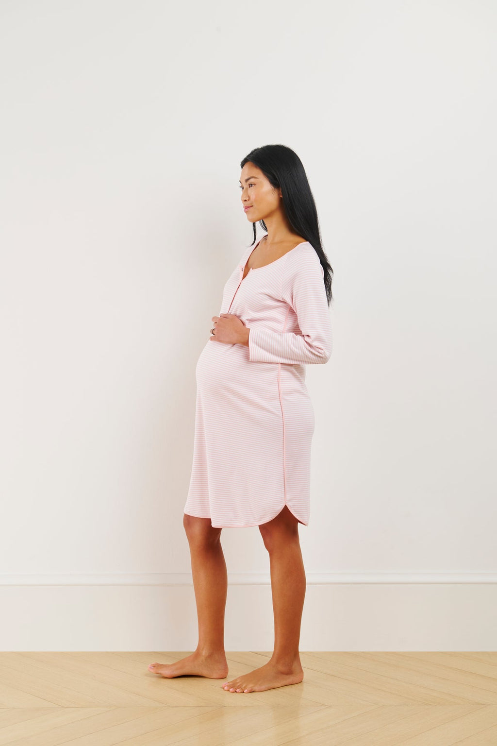Pima Maternity Long Sleeve Nightgown in English Rose Stripe