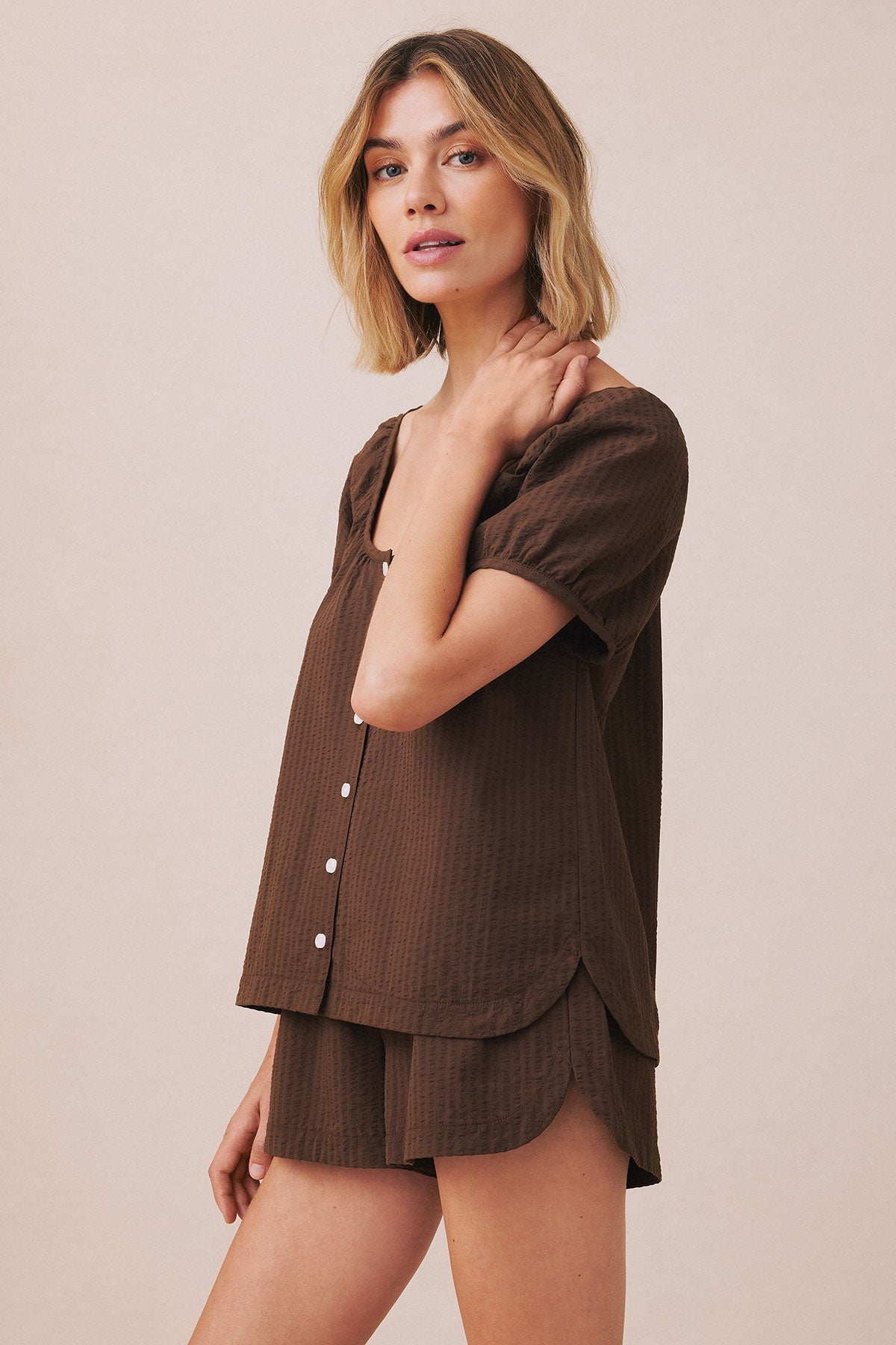 Charlie Shorts Set in Cocoa Seersucker