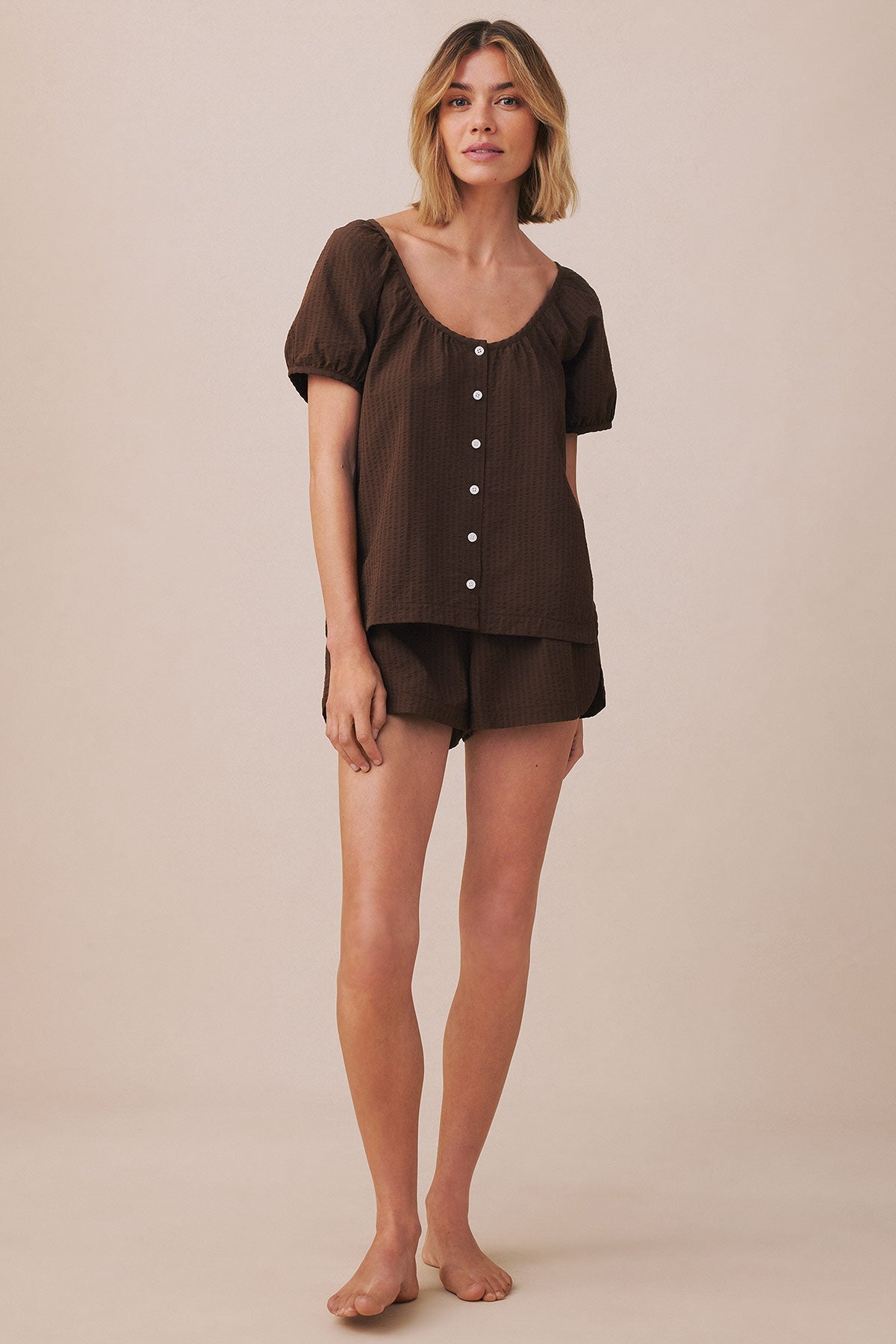 Charlie Shorts Set in Cocoa Seersucker