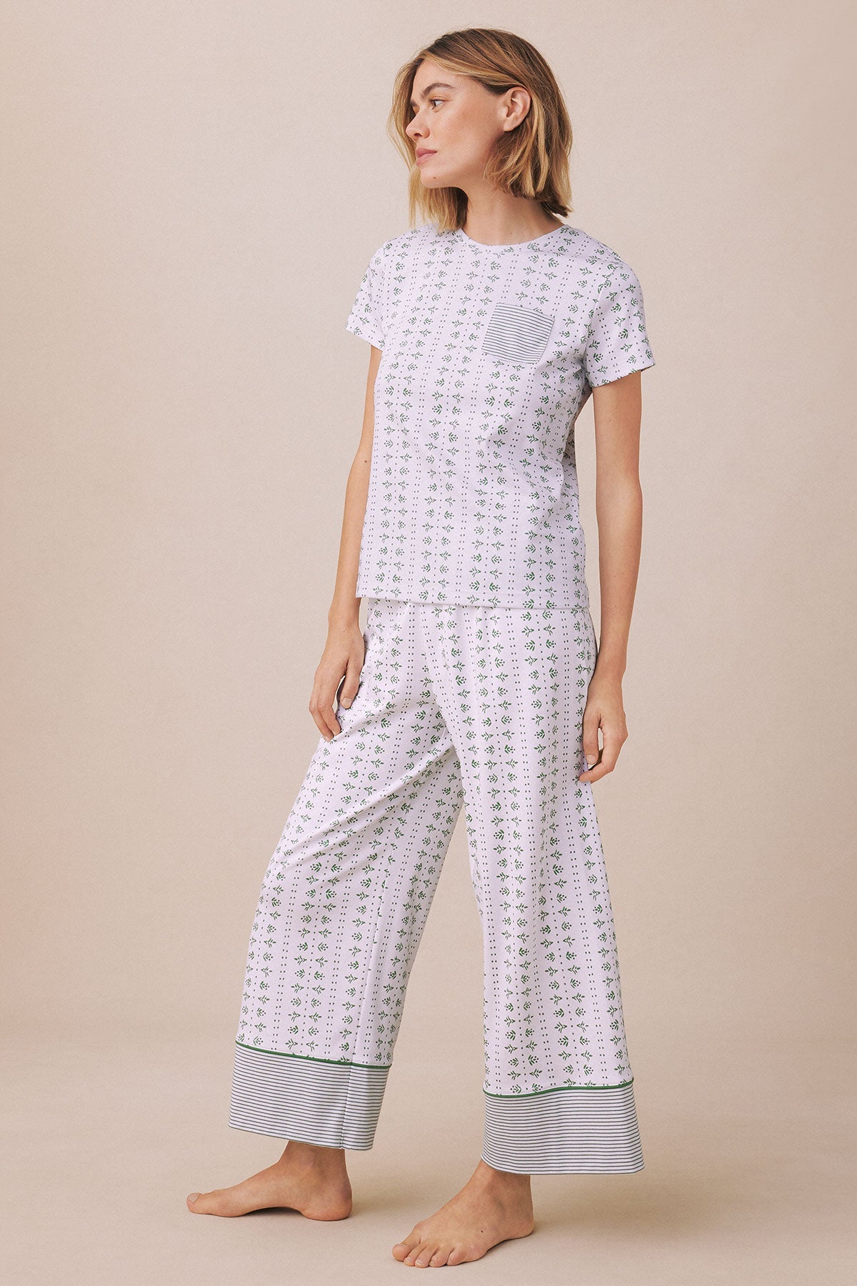 Pima Crew Wide Leg Pajama Set in Comfrey Garden Arbor