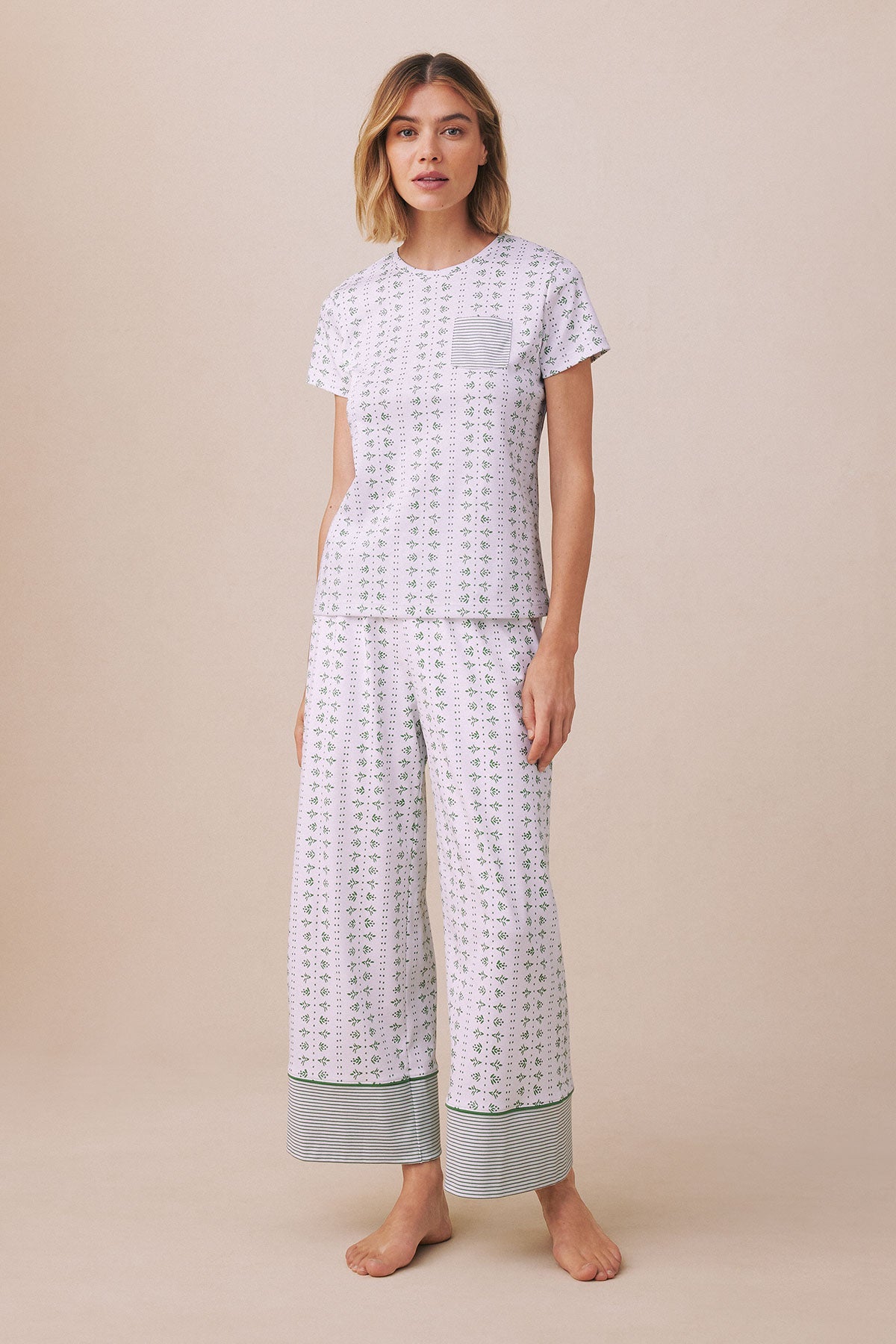 Pima Crew Wide Leg Pajama Set in Comfrey Garden Arbor