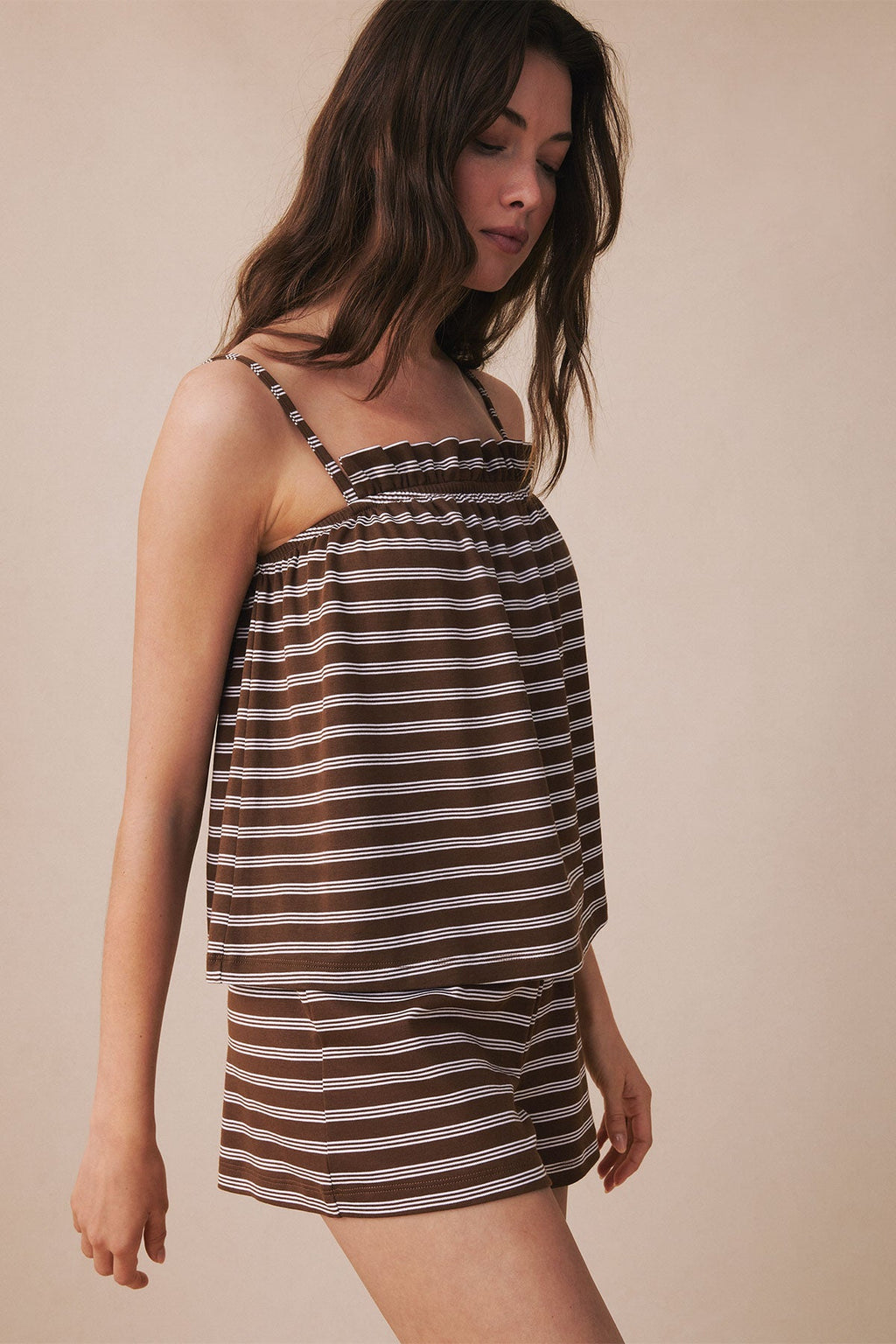 Pima Ruffle Shorts Set in Cocoa Triple Stripe