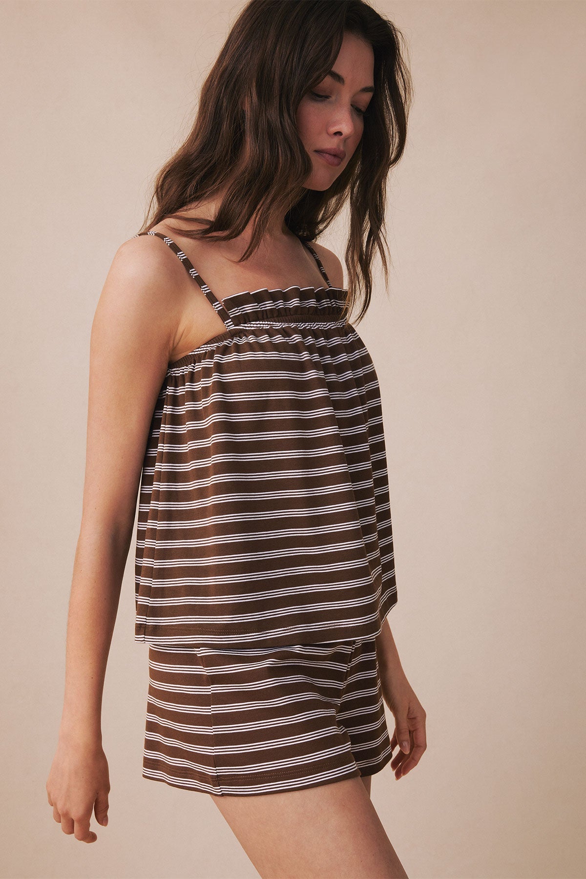 Pima Ruffle Shorts Set in Cocoa Triple Stripe