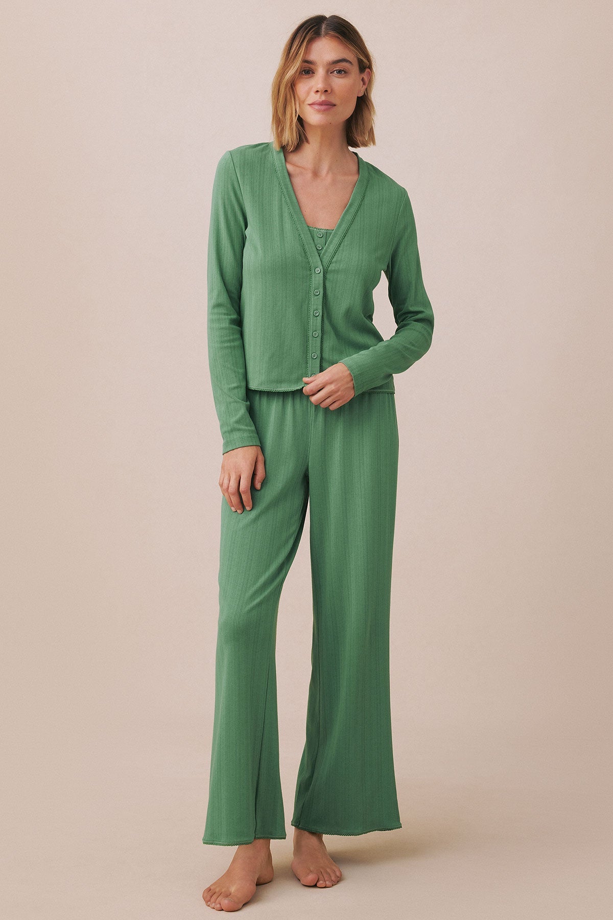 Pointelle Cardigan Three-Piece Set in Comfrey