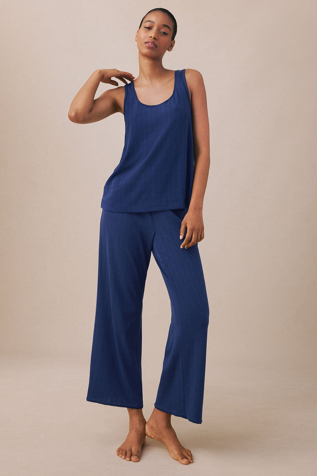 Pointelle Tank-Long Set in Blue Depths
