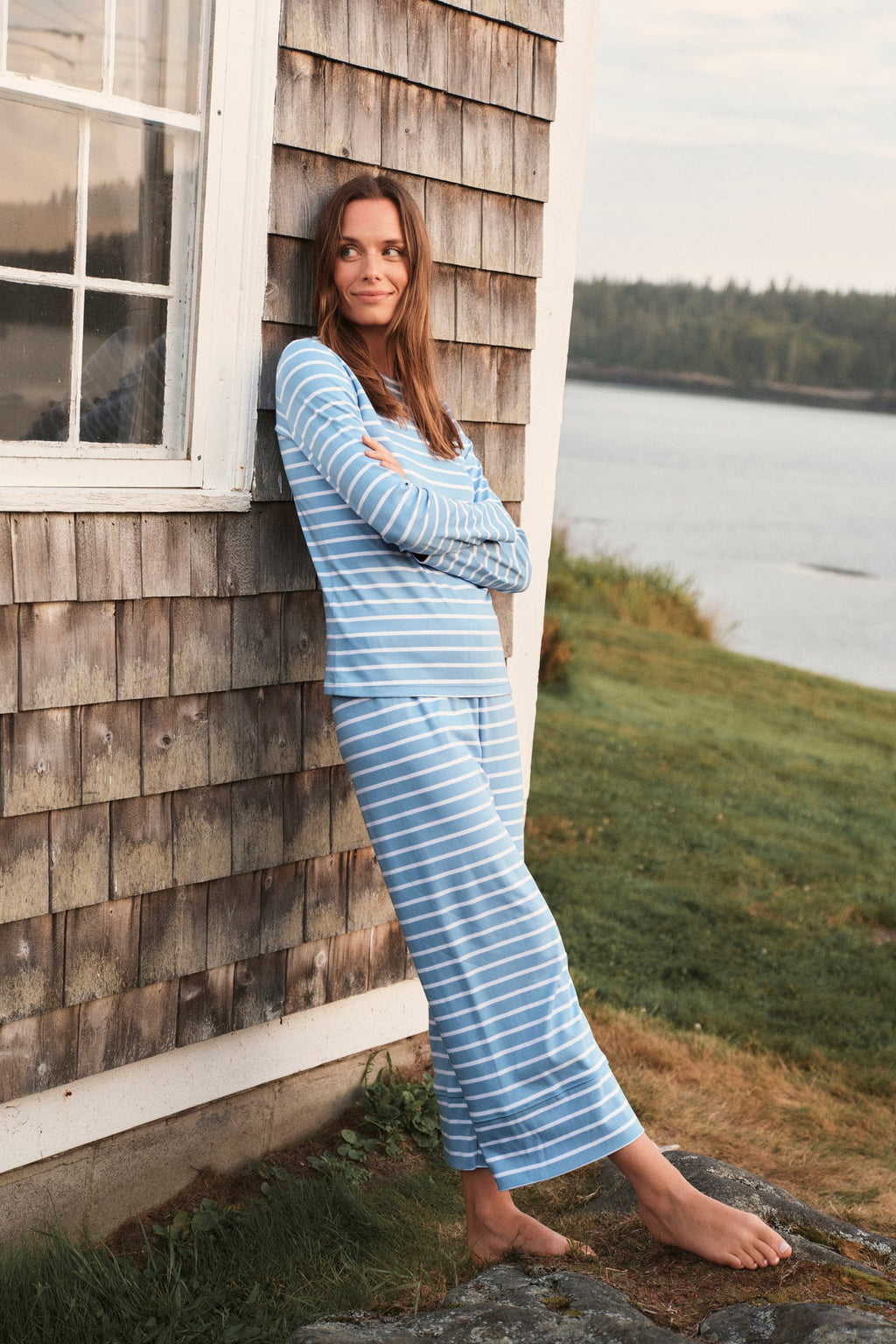 Pima Crew Long Sleeve Wide Leg Pajama Set in Serene Blue Anchor Stripe