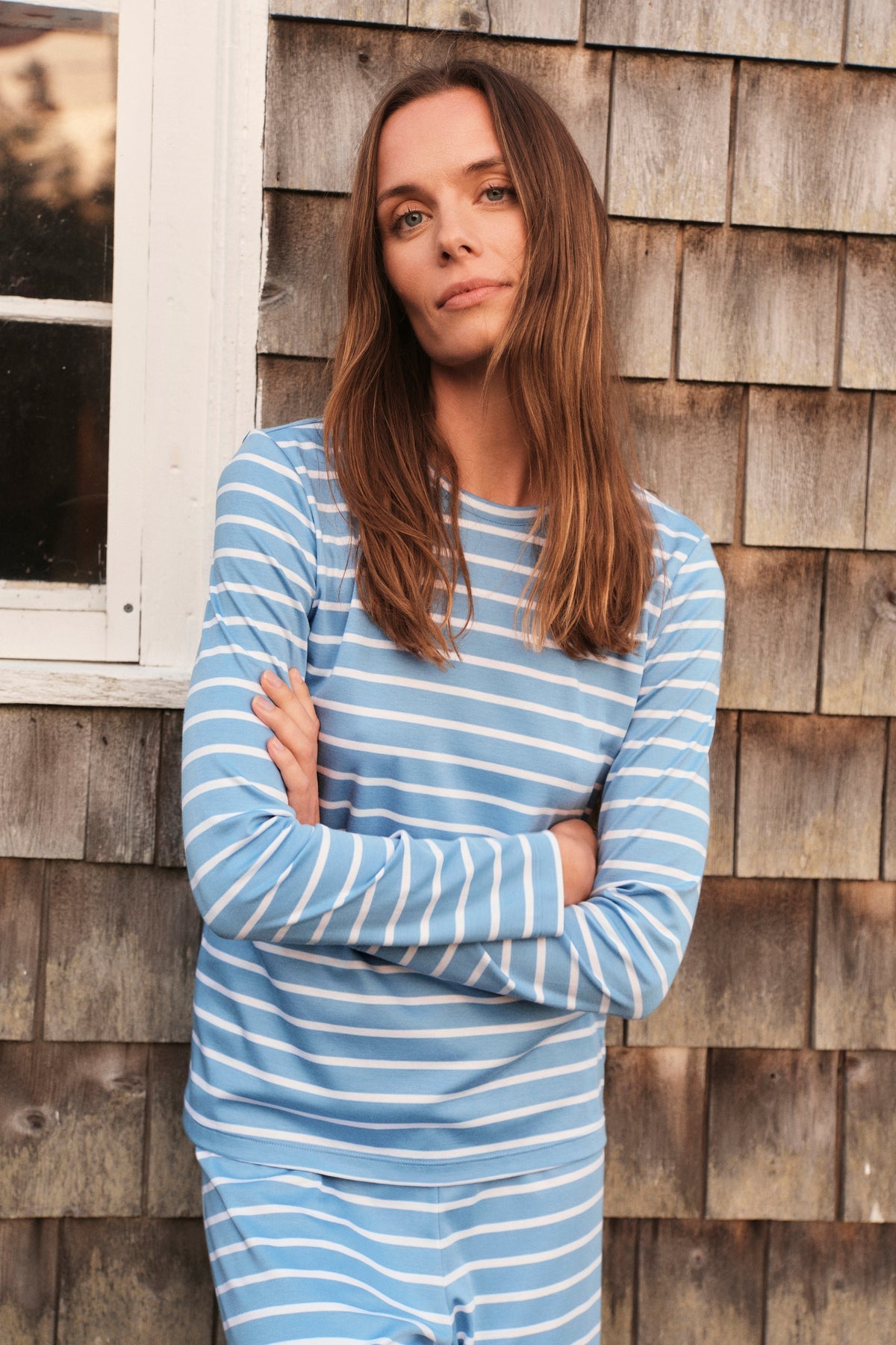 Pima Crew Long Sleeve Wide Leg Pajama Set in Serene Blue Anchor Stripe