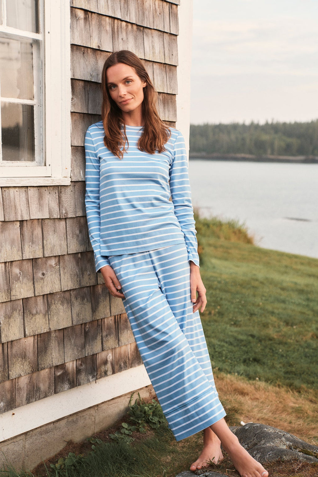 Pima Crew Long Sleeve Wide Leg Pajama Set in Serene Blue Anchor Stripe