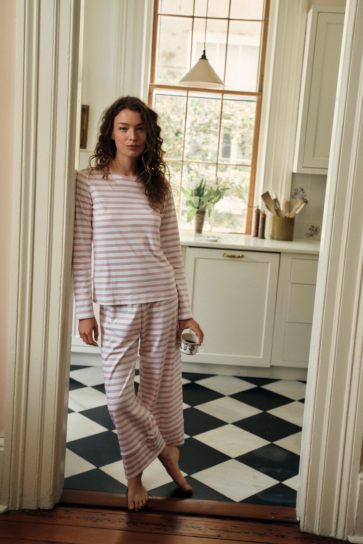 Pima Crew Long Sleeve Wide Leg Pajama Set in Light Camellia Triple Stripe