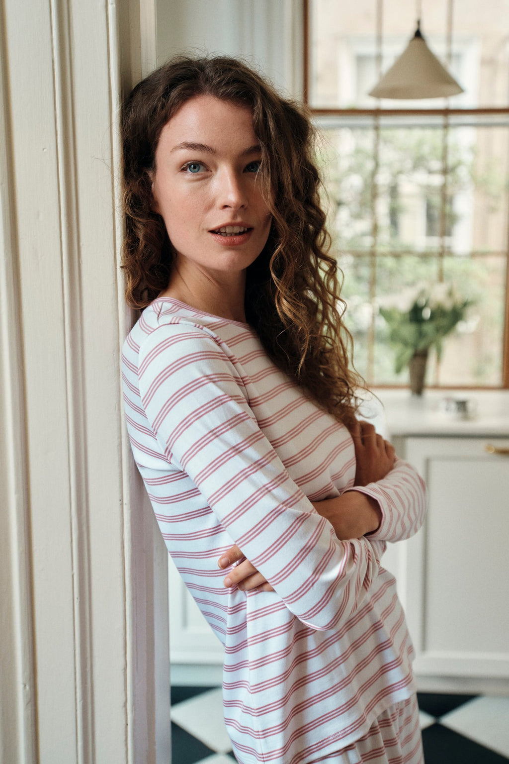 Pima Crew Long Sleeve Wide Leg Pajama Set in Light Camellia Triple Stripe