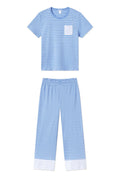 Pima Crew Wide Leg Pajama Set in Mixed Baltic Blue Stripe