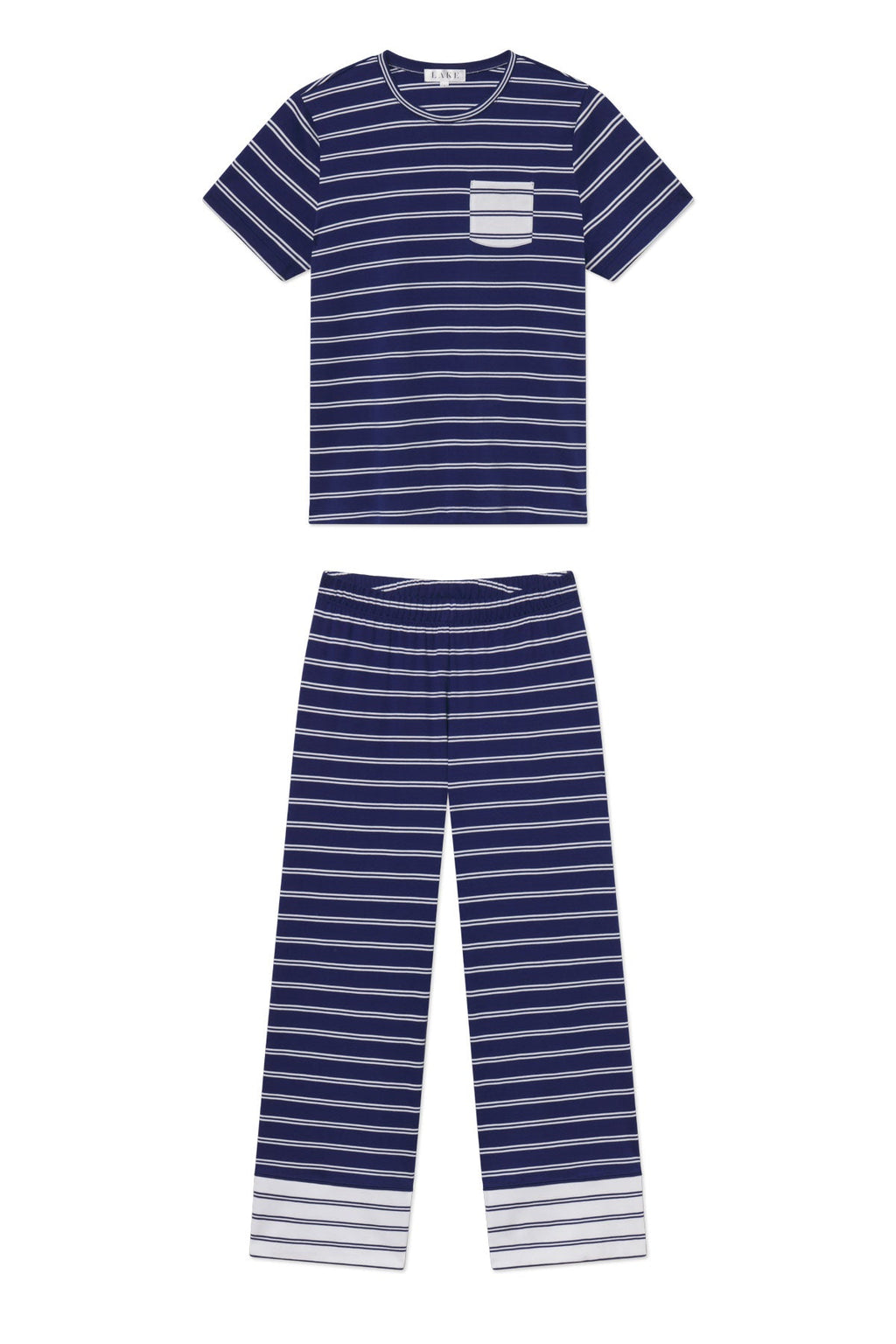 Pima Crew Wide Leg Pajama Set in Blue Depths Tidal Stripe