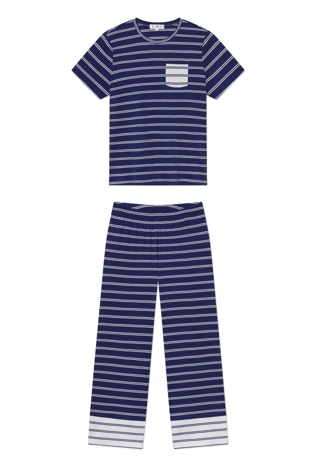 Pima Crew Wide Leg Pajama Set in Blue Depths Tidal Stripe