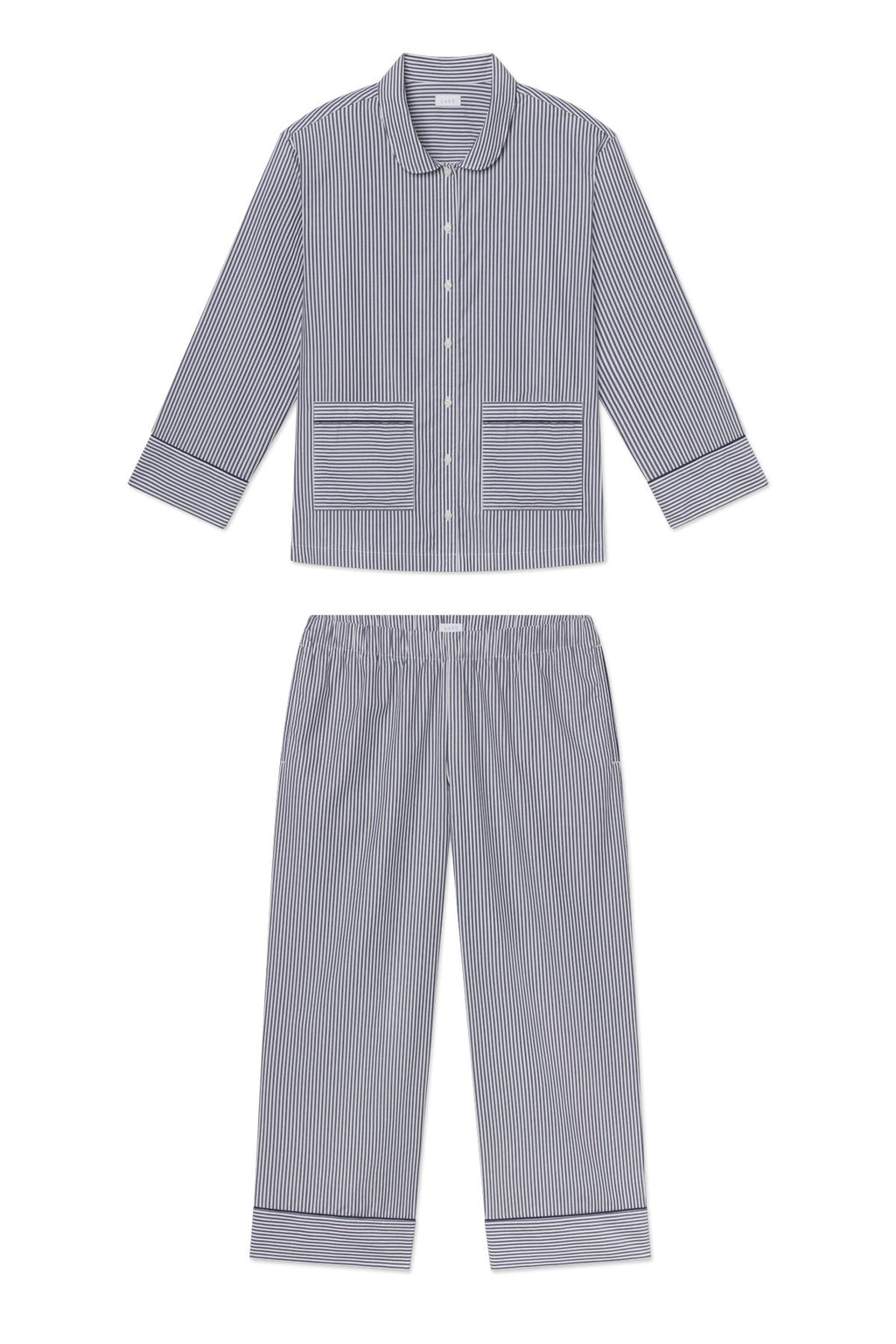 Poplin Piped Long-Long Set in English Navy Riviera Stripe