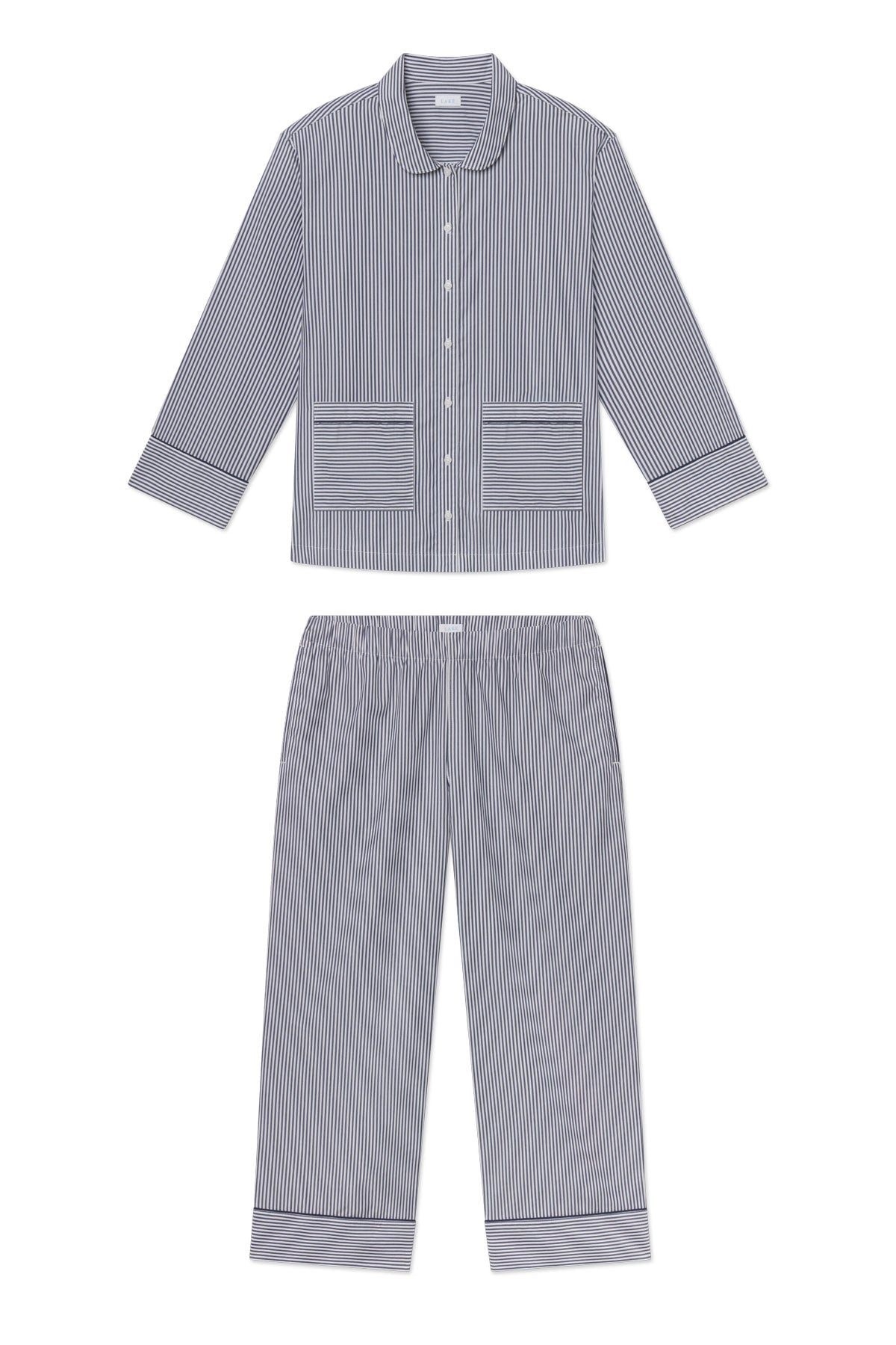 Poplin Piped Long-Long Set in English Navy Riviera Stripe