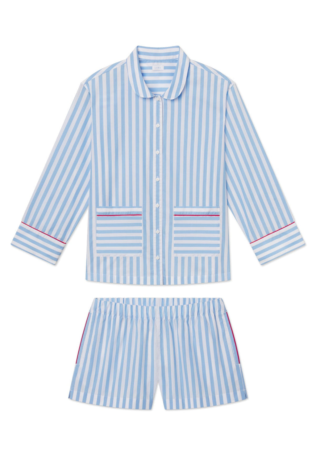 Poplin Piped Long-Short Set in Baltic Blue Beam Stripe