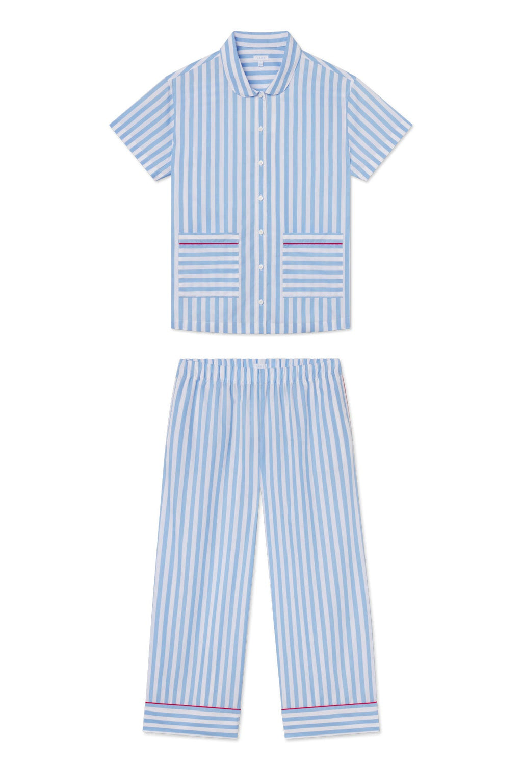 Poplin Piped Short-Long Set in Baltic Blue Beam Stripe