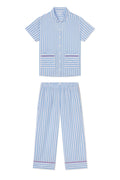 Poplin Piped Short-Long Set in Baltic Blue Beam Stripe