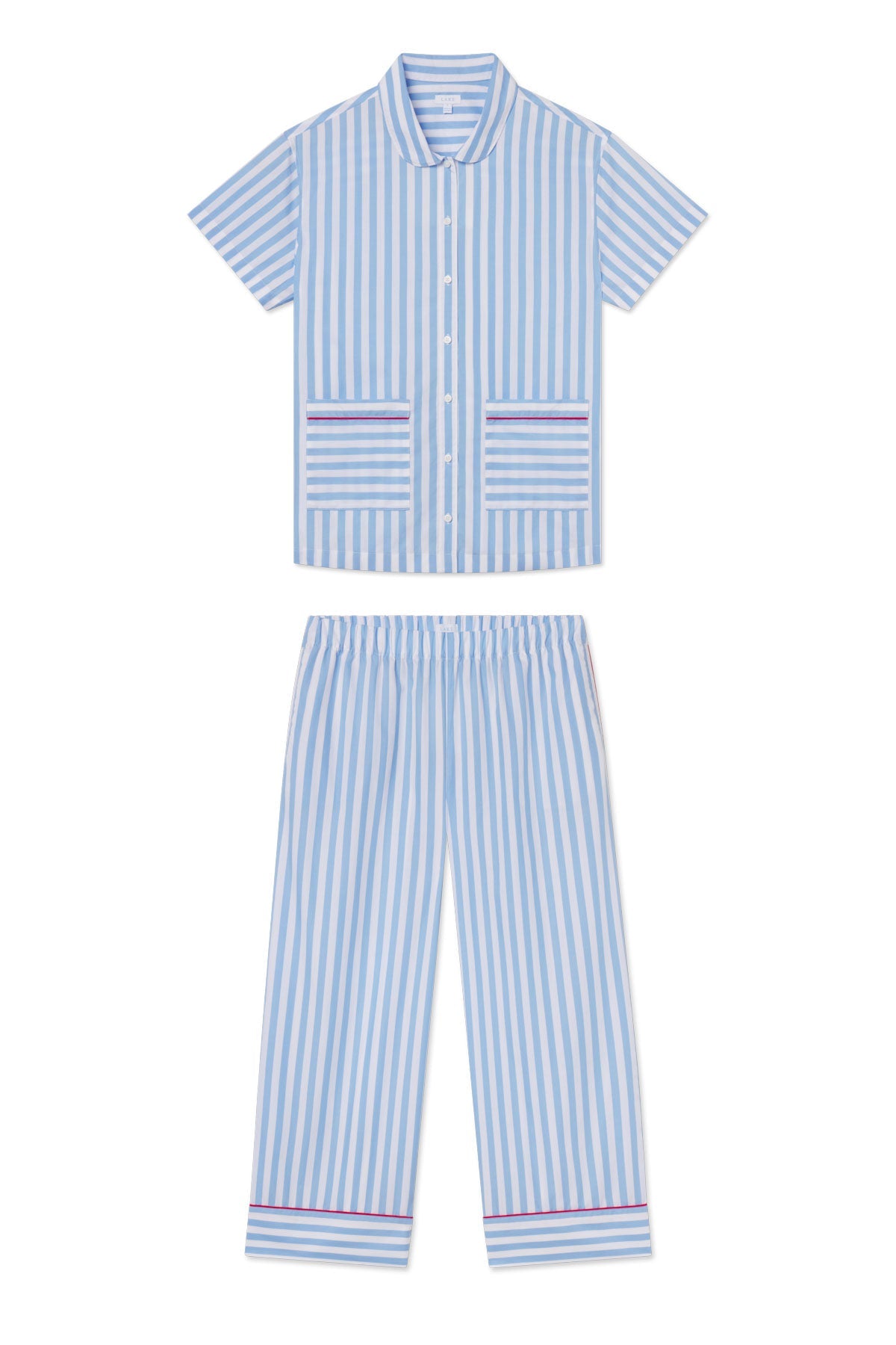 Poplin Piped Short-Long Set in Baltic Blue Beam Stripe
