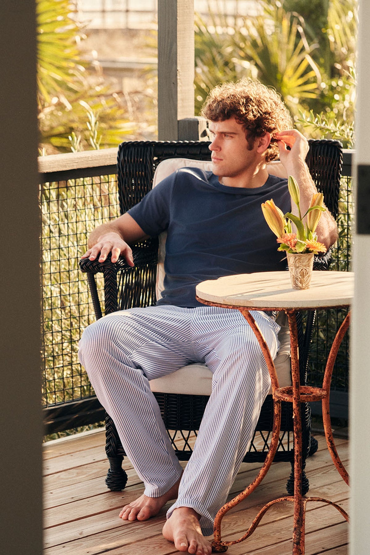 Men's Pima Sleep Short-Long Set in Navy Compass Stripe