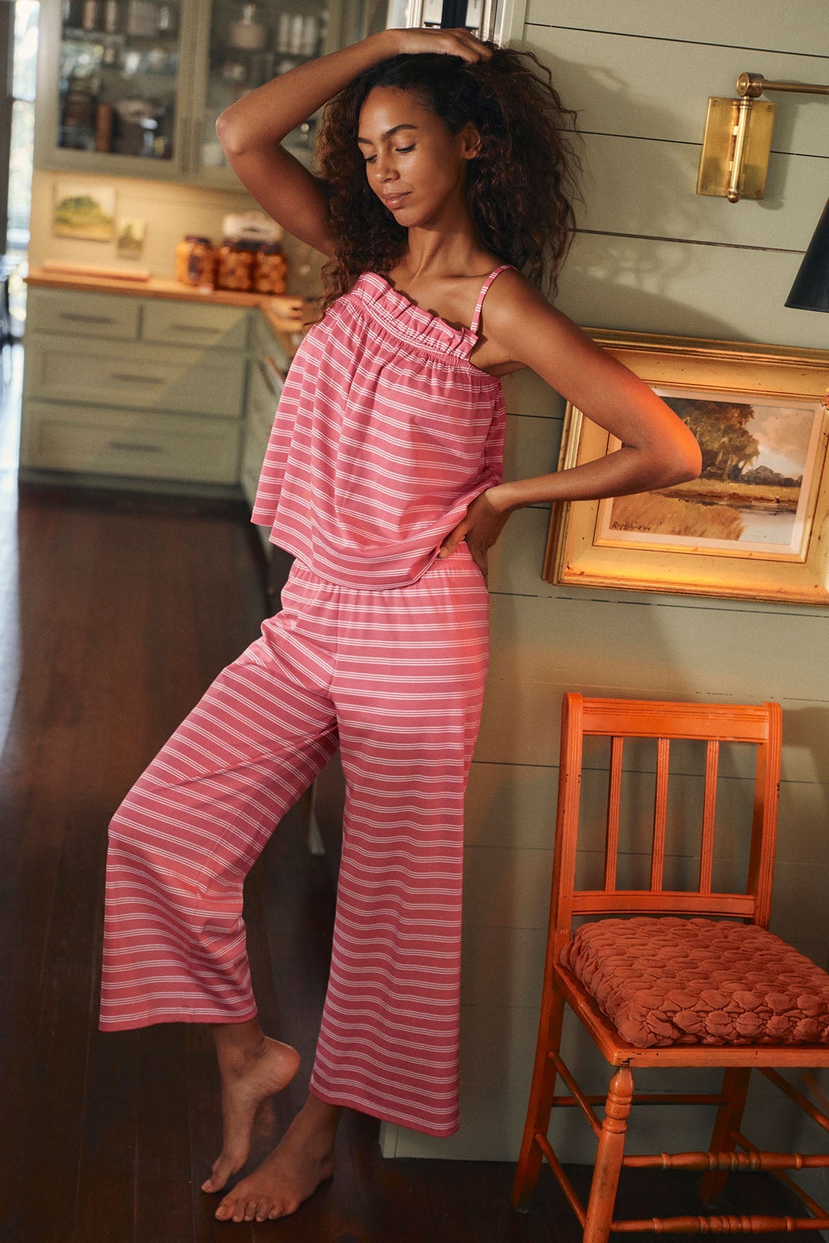 Pima Ruffle Pants Set in Winterberry Triple Stripe