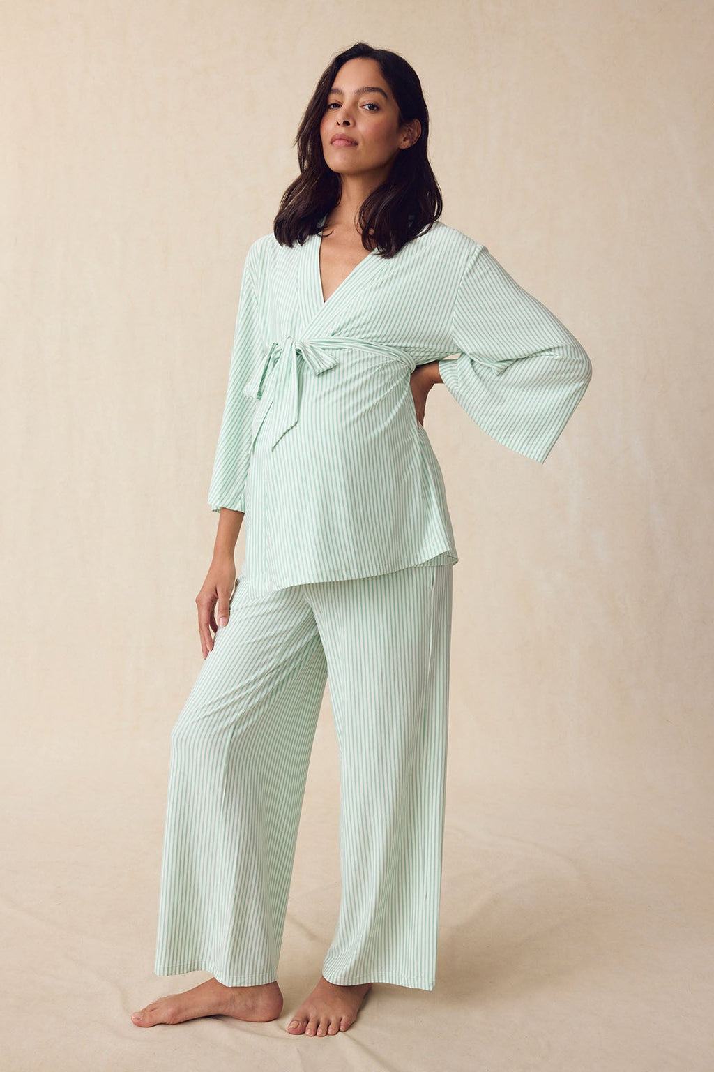 Maternity DreamModal® Kimono Three-Piece Set in Parisian Green Pencil Stripe