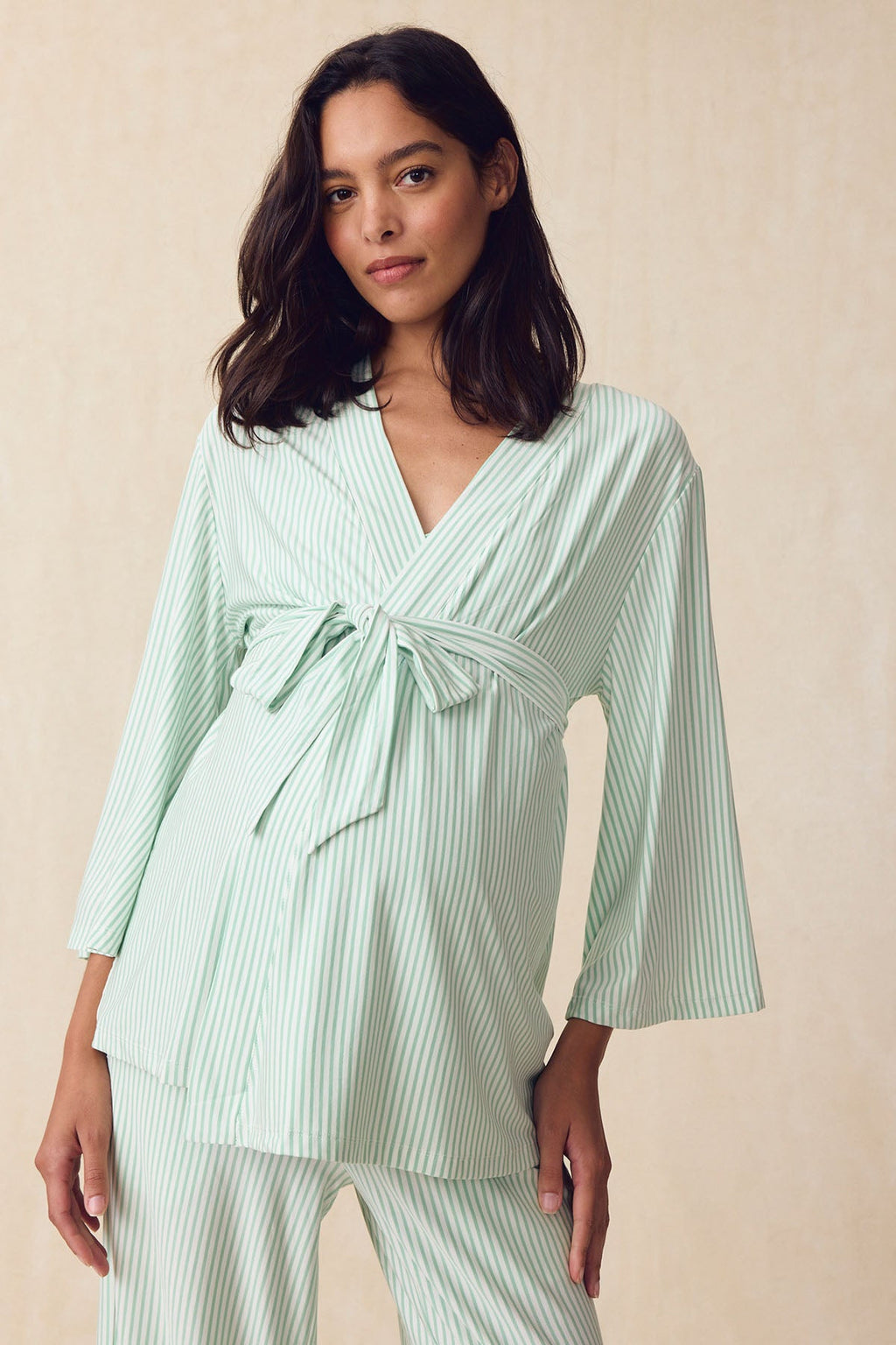 Maternity DreamModal® Kimono Three-Piece Set in Parisian Green Pencil Stripe