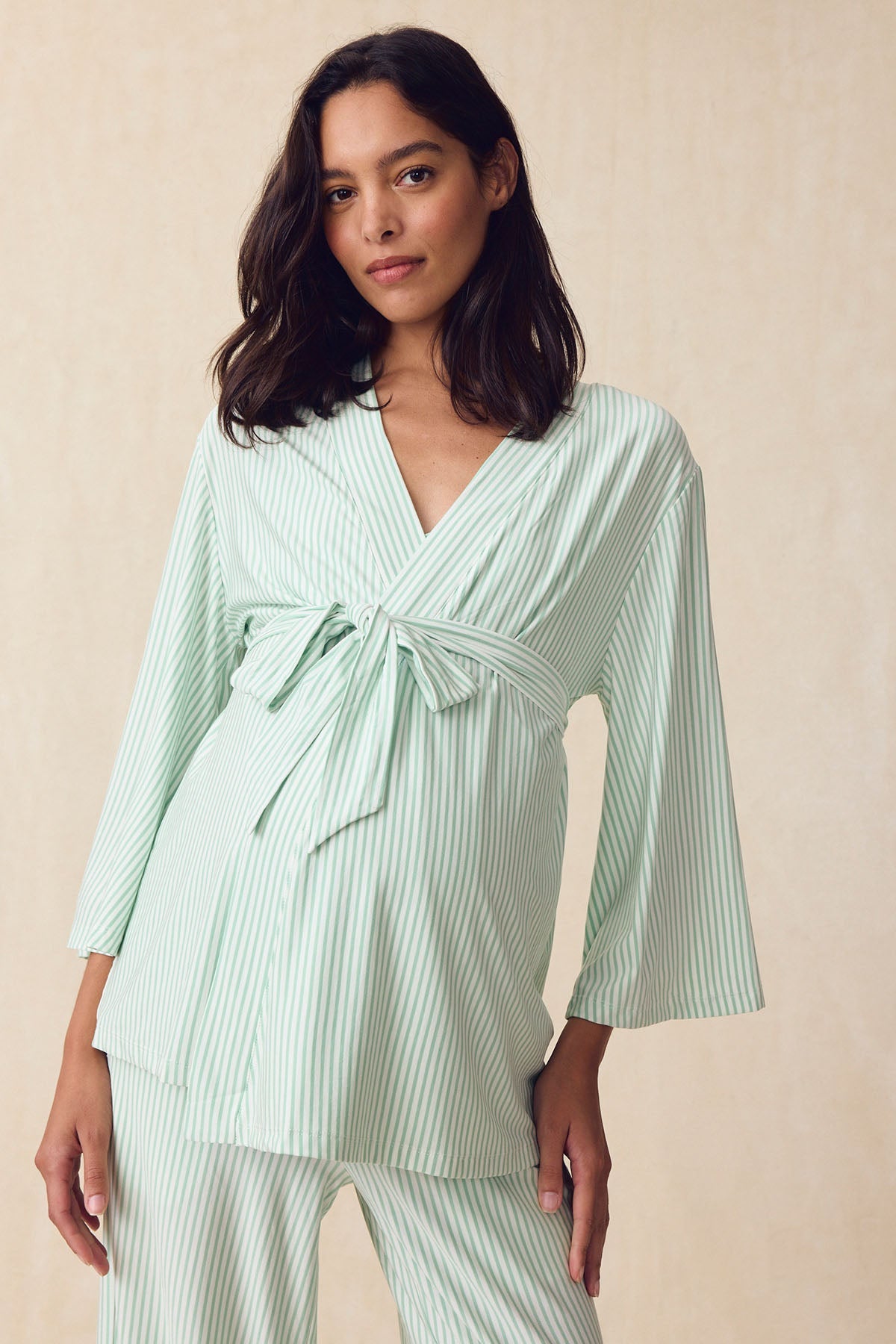 Maternity DreamModal® Kimono Three-Piece Set in Parisian Green Pencil Stripe