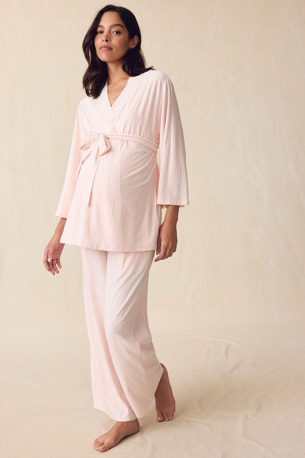 Maternity DreamModal® Kimono Three-Piece Set in English Rose Pencil Stripe