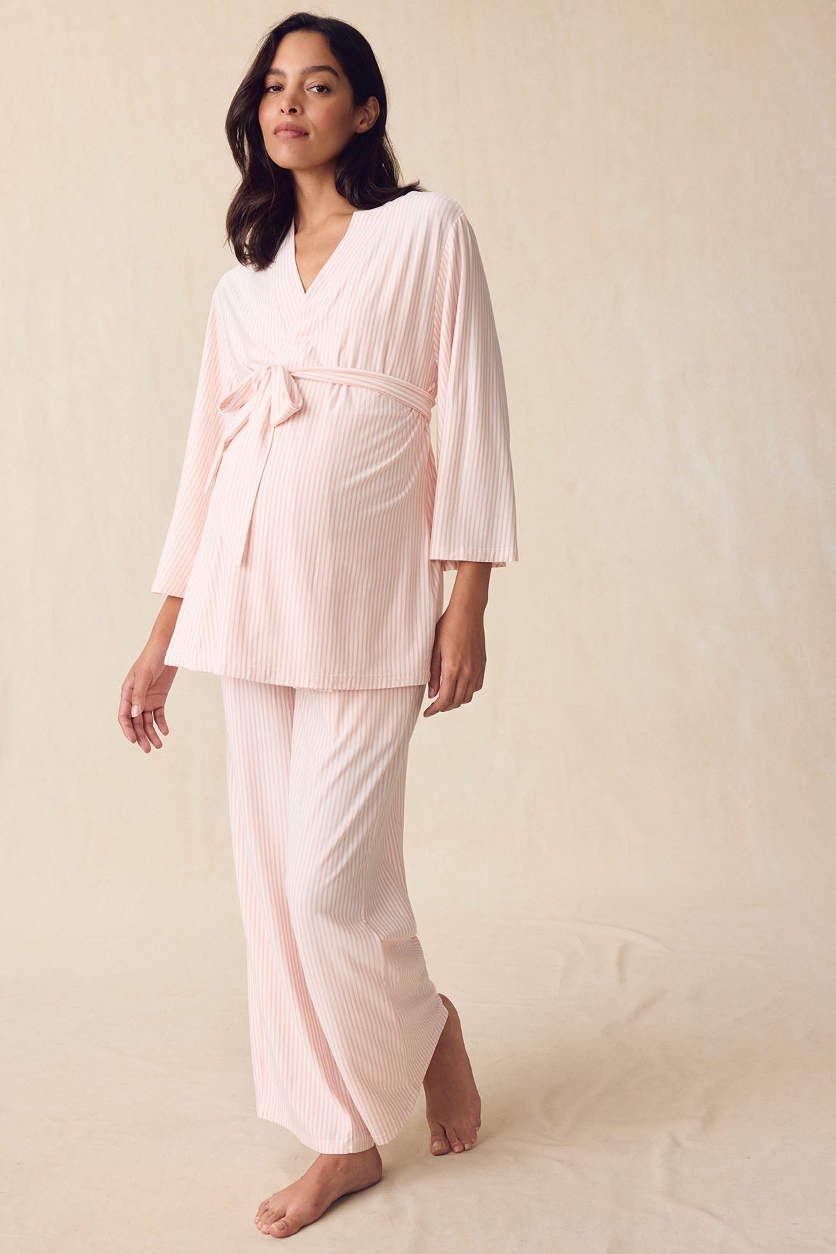 Maternity DreamModal® Kimono Three-Piece Set in English Rose Pencil Stripe