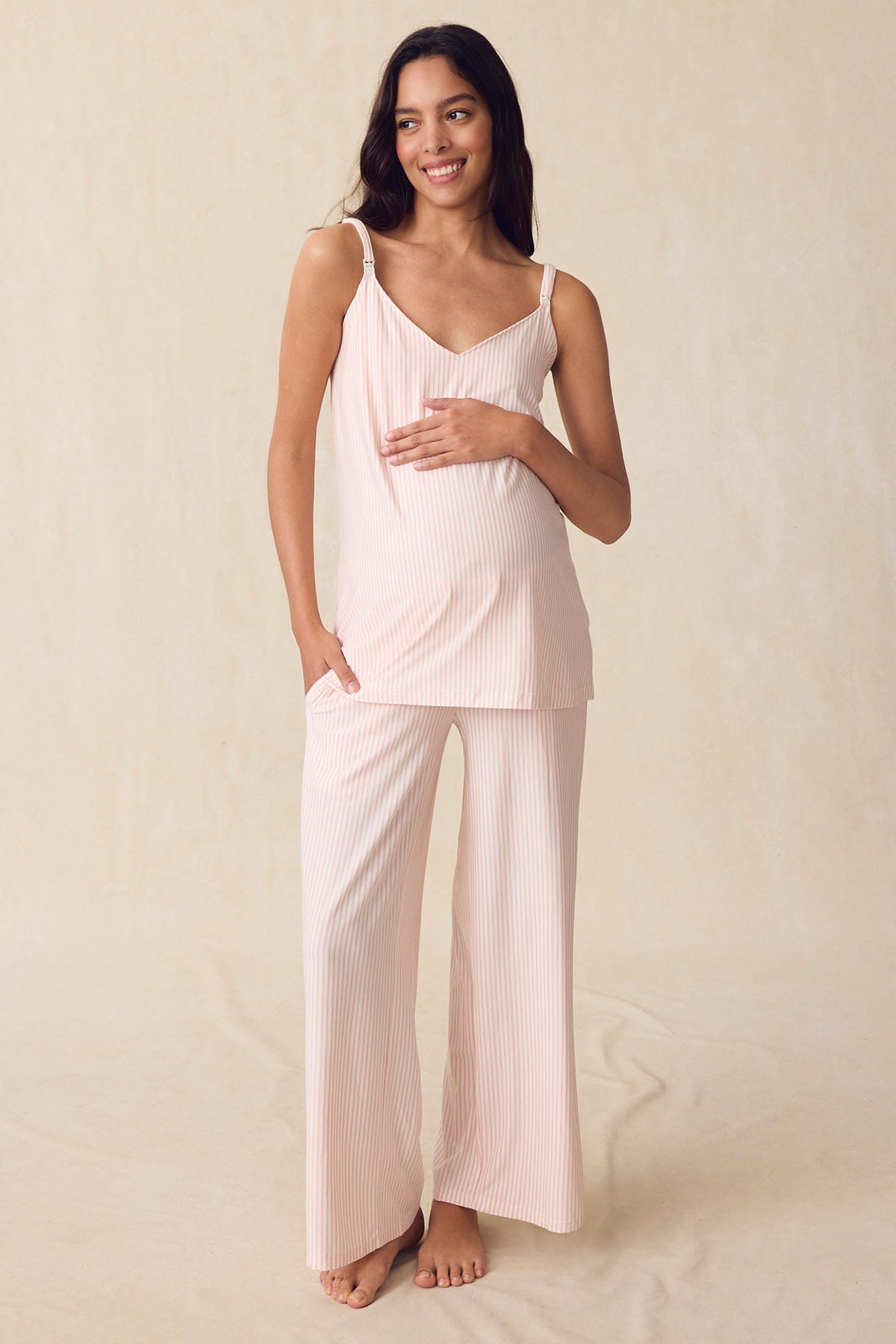 Maternity DreamModal® Kimono Three-Piece Set in English Rose Pencil Stripe