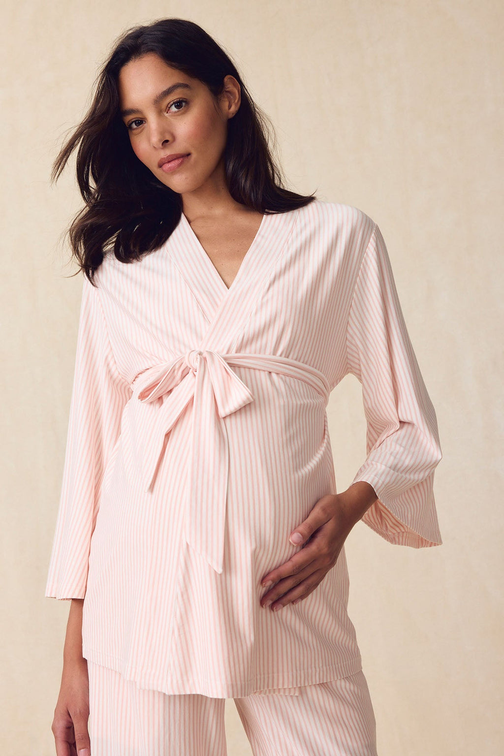 Maternity DreamModal® Kimono Three-Piece Set in English Rose Pencil Stripe