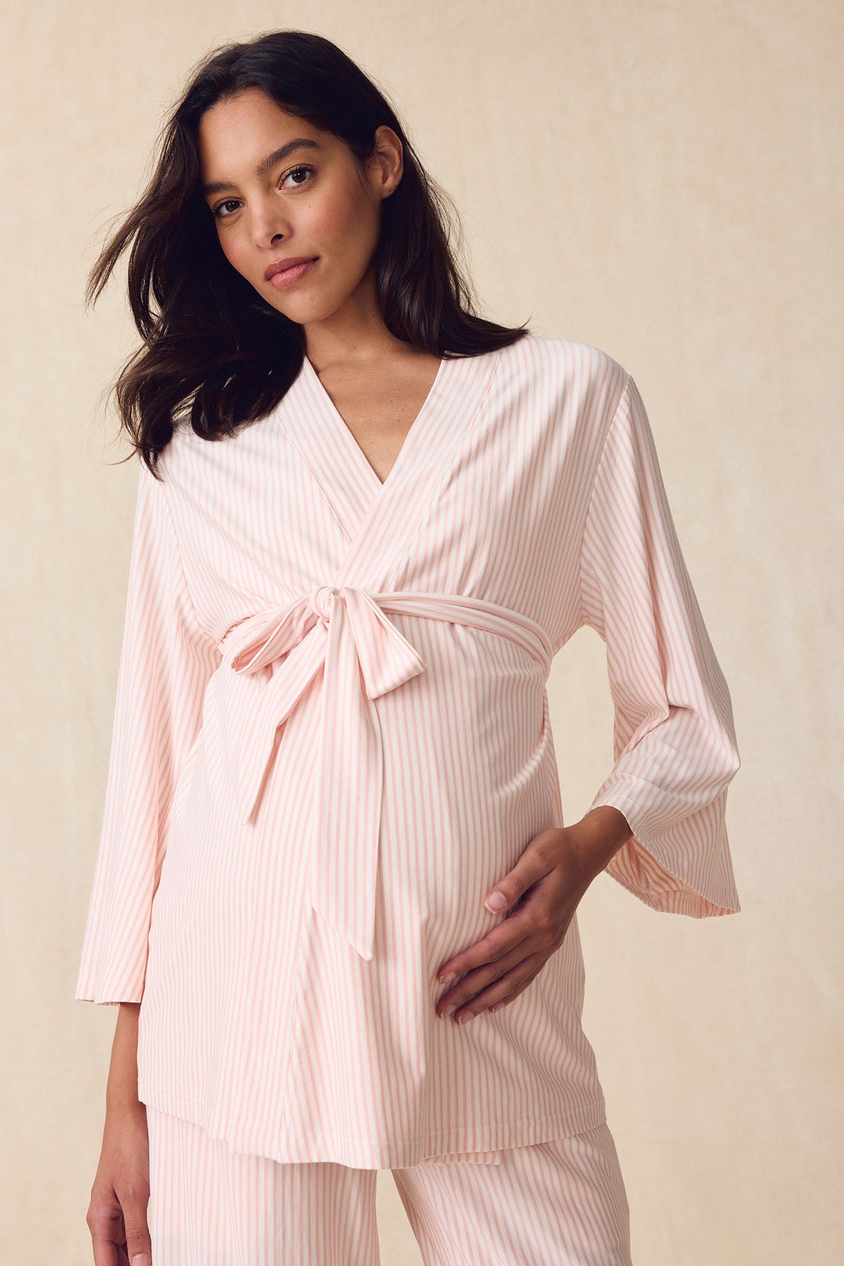 Maternity DreamModal® Kimono Three-Piece Set in English Rose Pencil Stripe