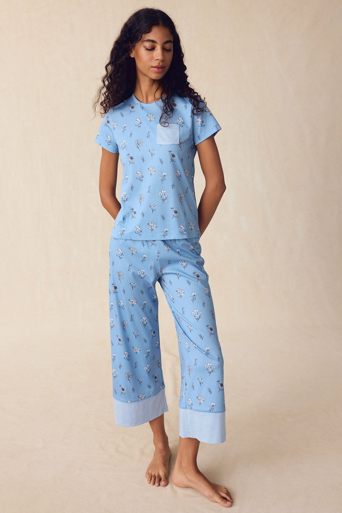 Pima Crew Wide Leg Pajama Set in Serene Blue Adeline Floral