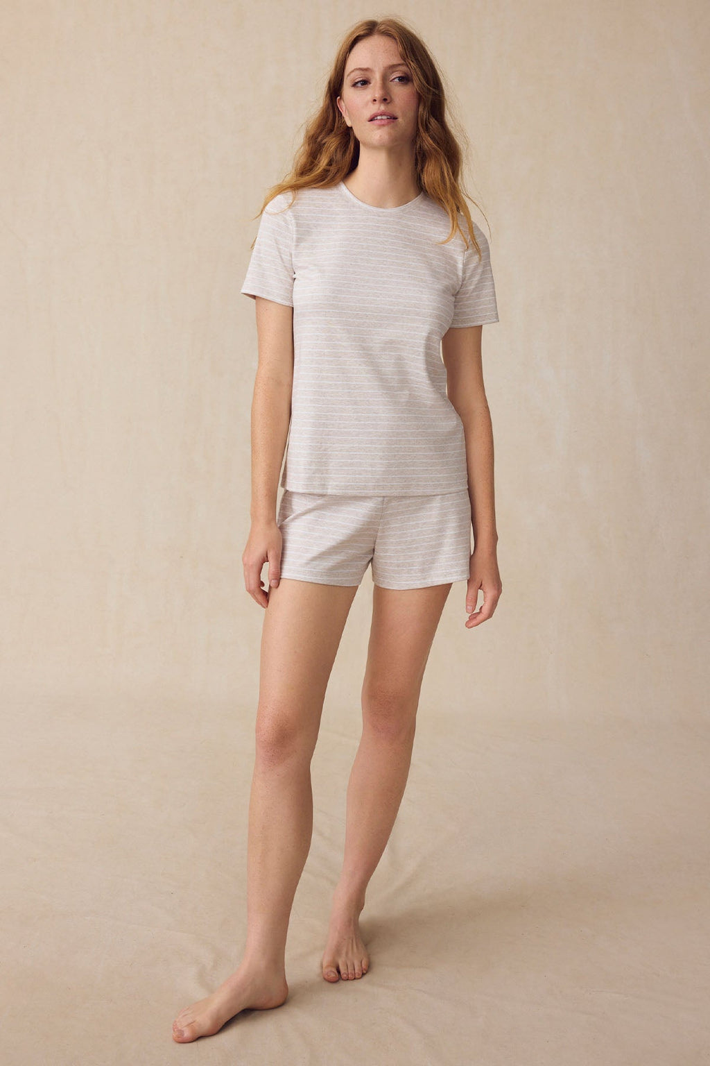 Pima Crew Shorts Set in Oat Heather Rowing Stripe