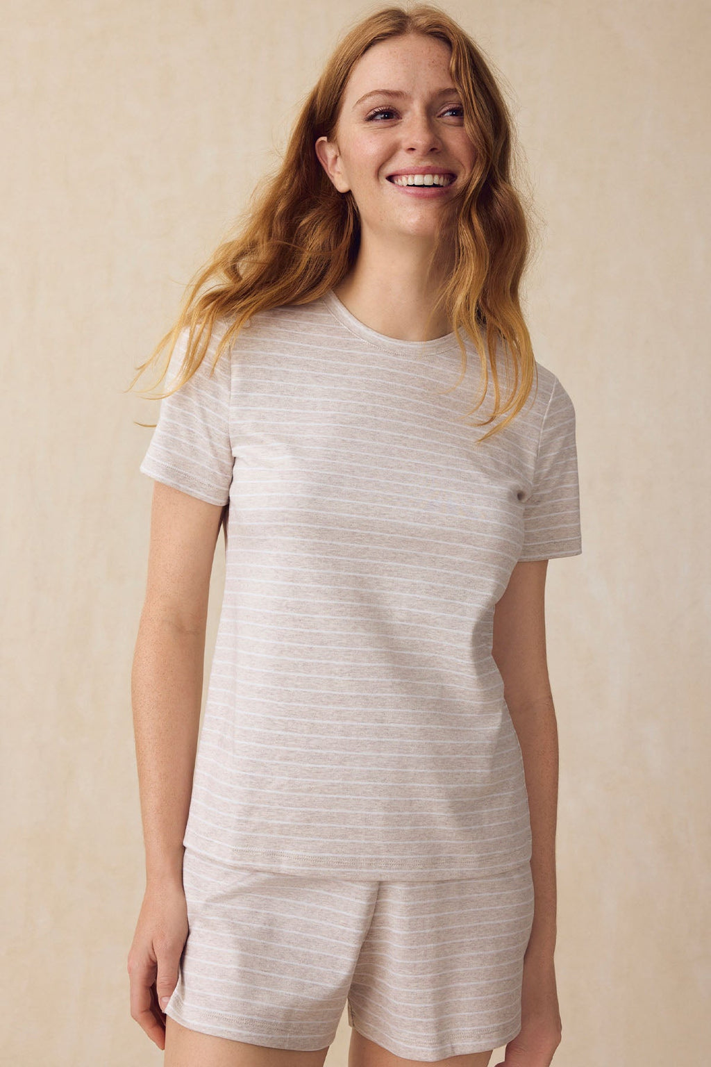 Pima Crew Shorts Set in Oat Heather Rowing Stripe