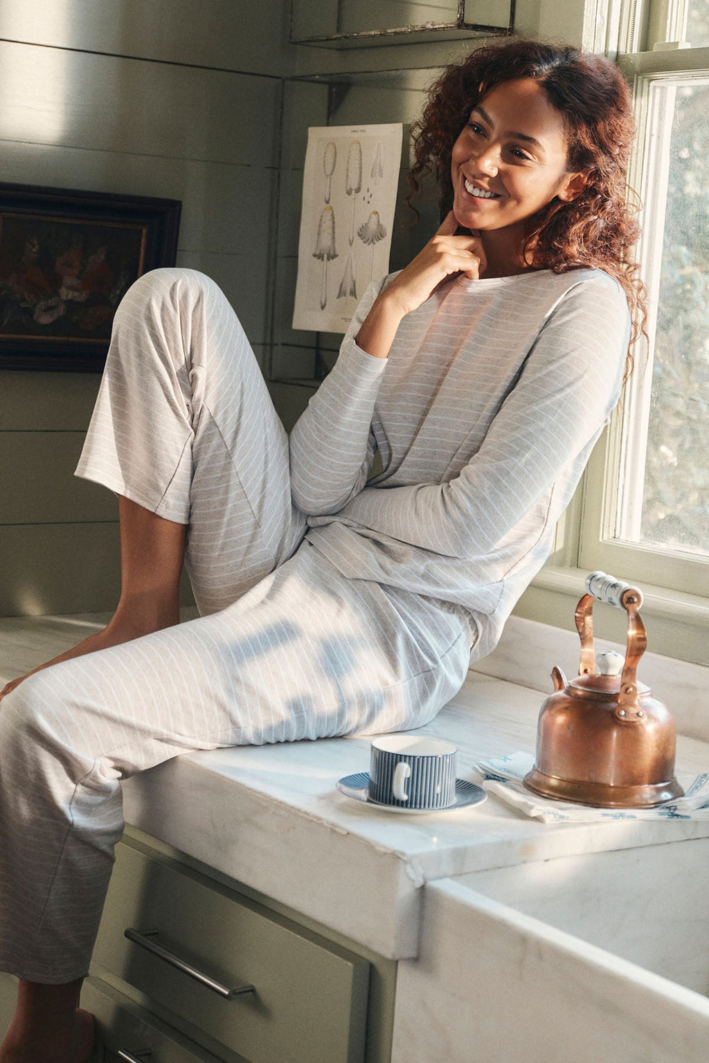Pima Crew Long-Long Set in Oat Heather Rowing Stripe