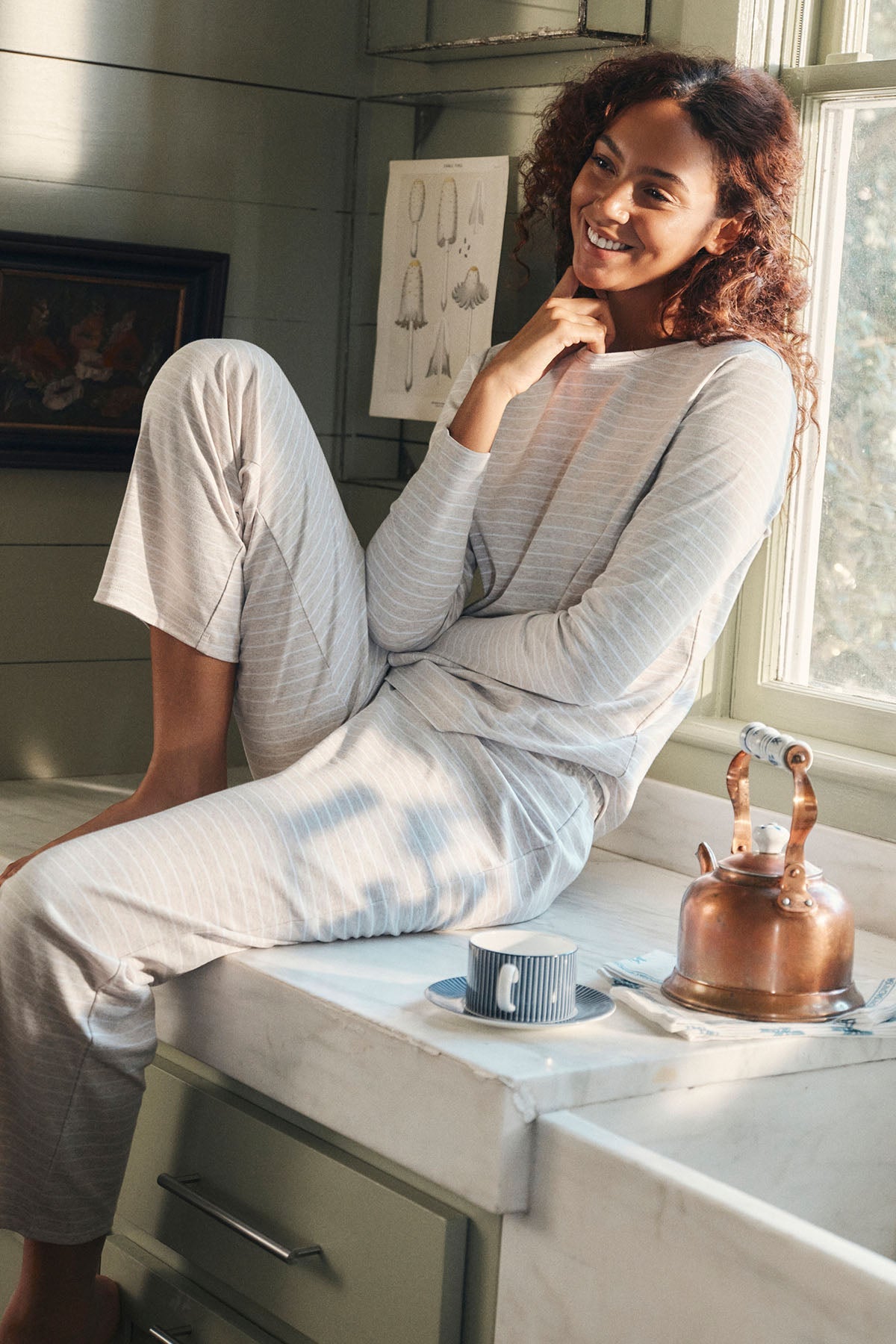 Pima Crew Long-Long Set in Oat Heather Rowing Stripe