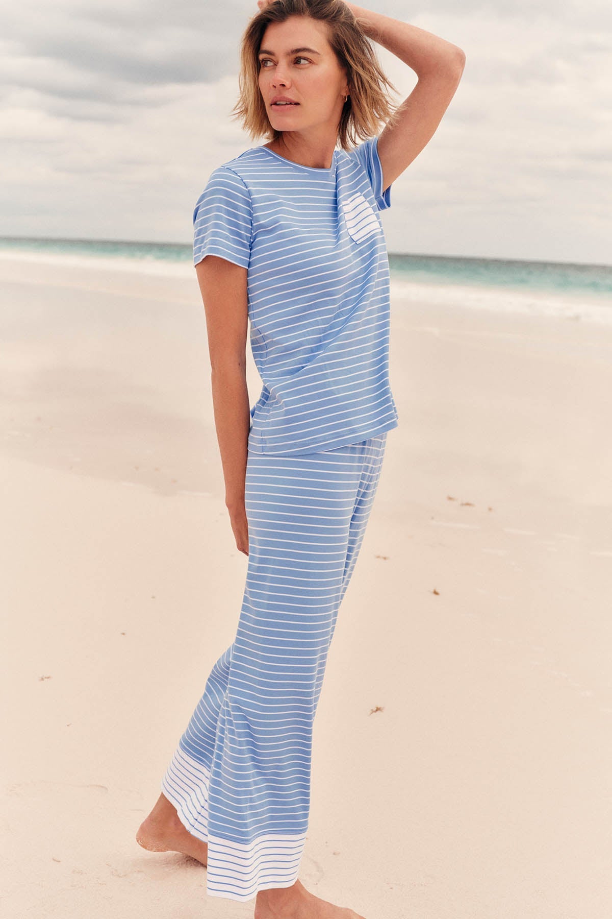 Pima Crew Wide Leg Pajama Set in Mixed Baltic Blue Stripe