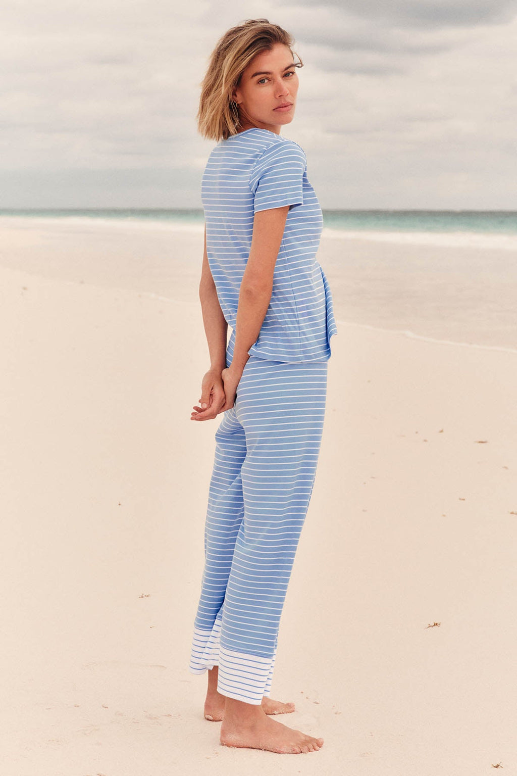 Pima Crew Wide Leg Pajama Set in Mixed Baltic Blue Stripe