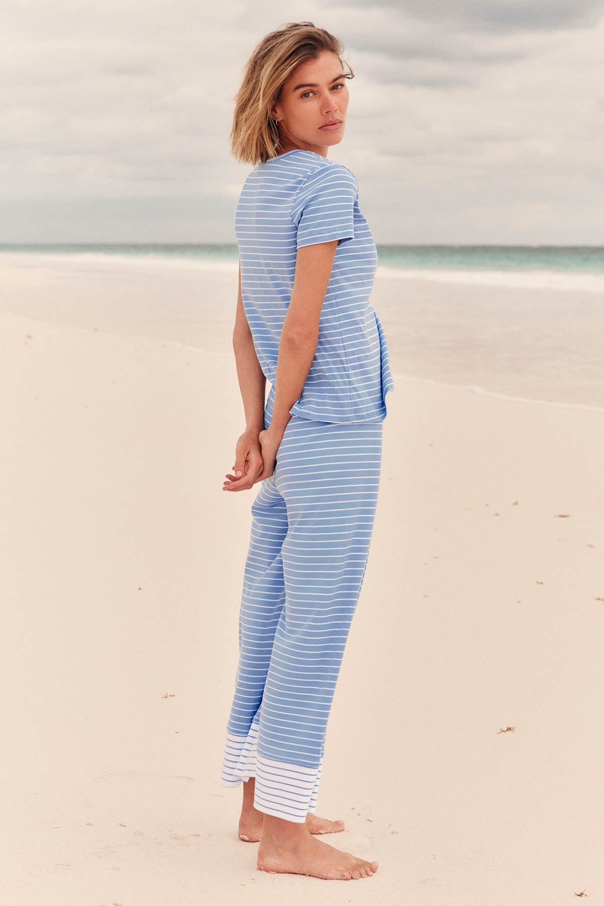 Pima Crew Wide Leg Pajama Set in Mixed Baltic Blue Stripe