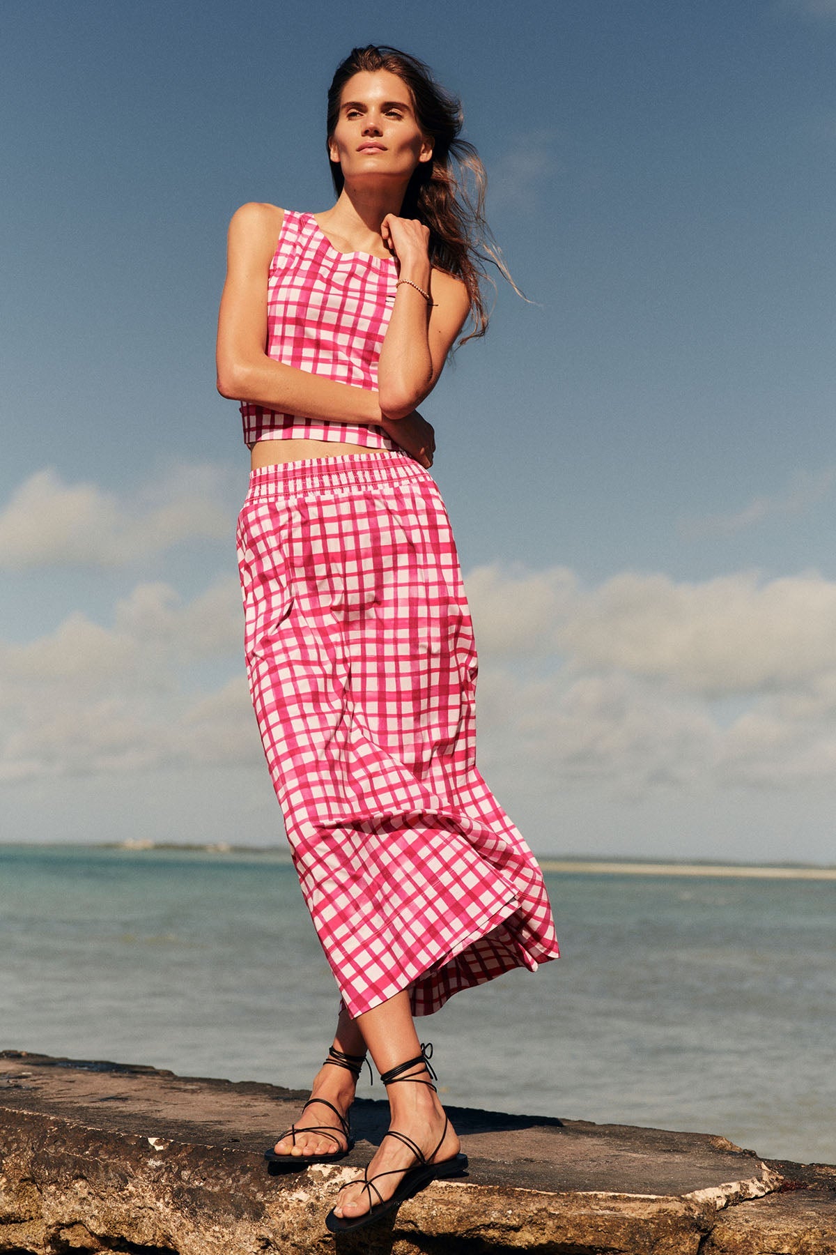 Terrace Skirt Set in Magenta Painterly Gingham