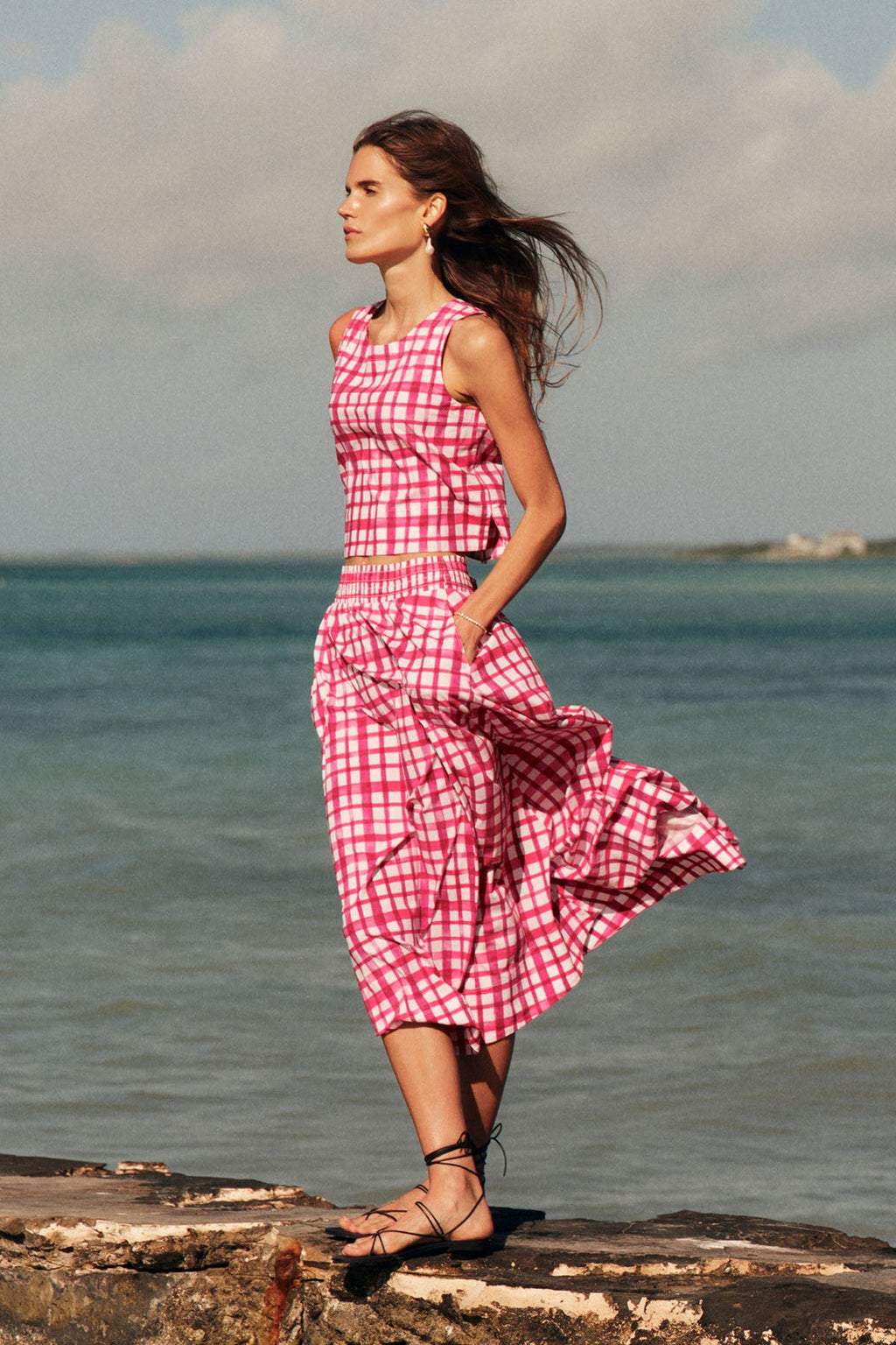 Terrace Skirt Set in Magenta Painterly Gingham