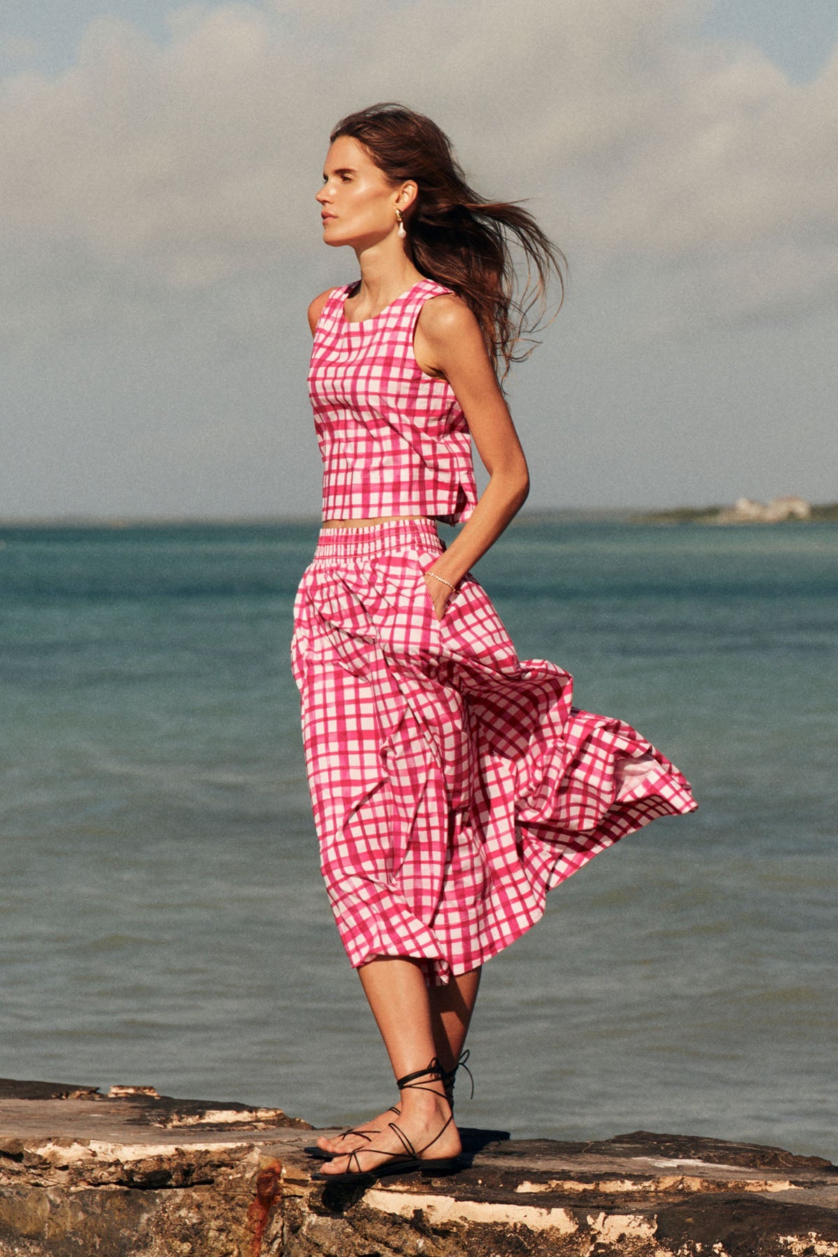 Terrace Skirt Set in Magenta Painterly Gingham