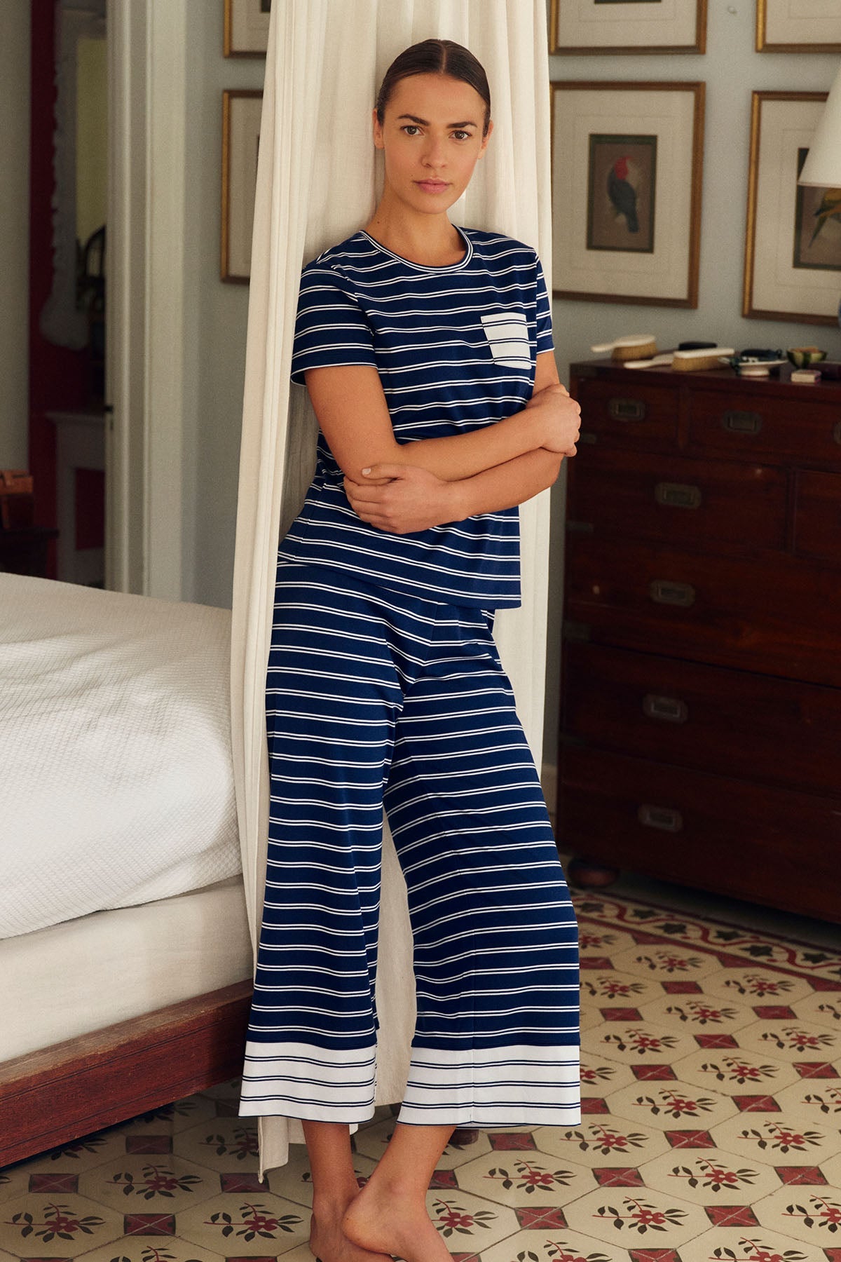 Pima Crew Wide Leg Pajama Set in Blue Depths Tidal Stripe