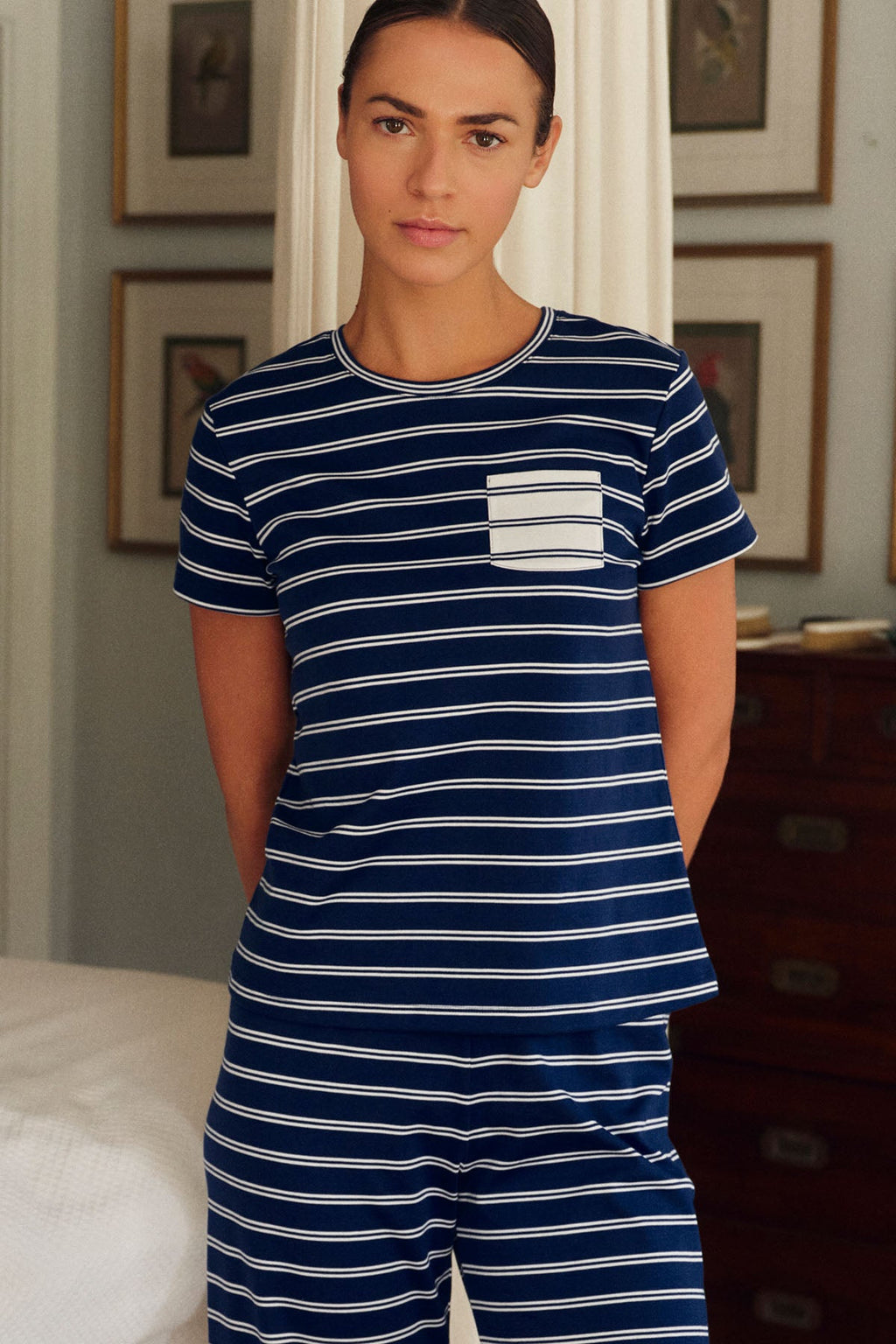 Pima Crew Wide Leg Pajama Set in Blue Depths Tidal Stripe