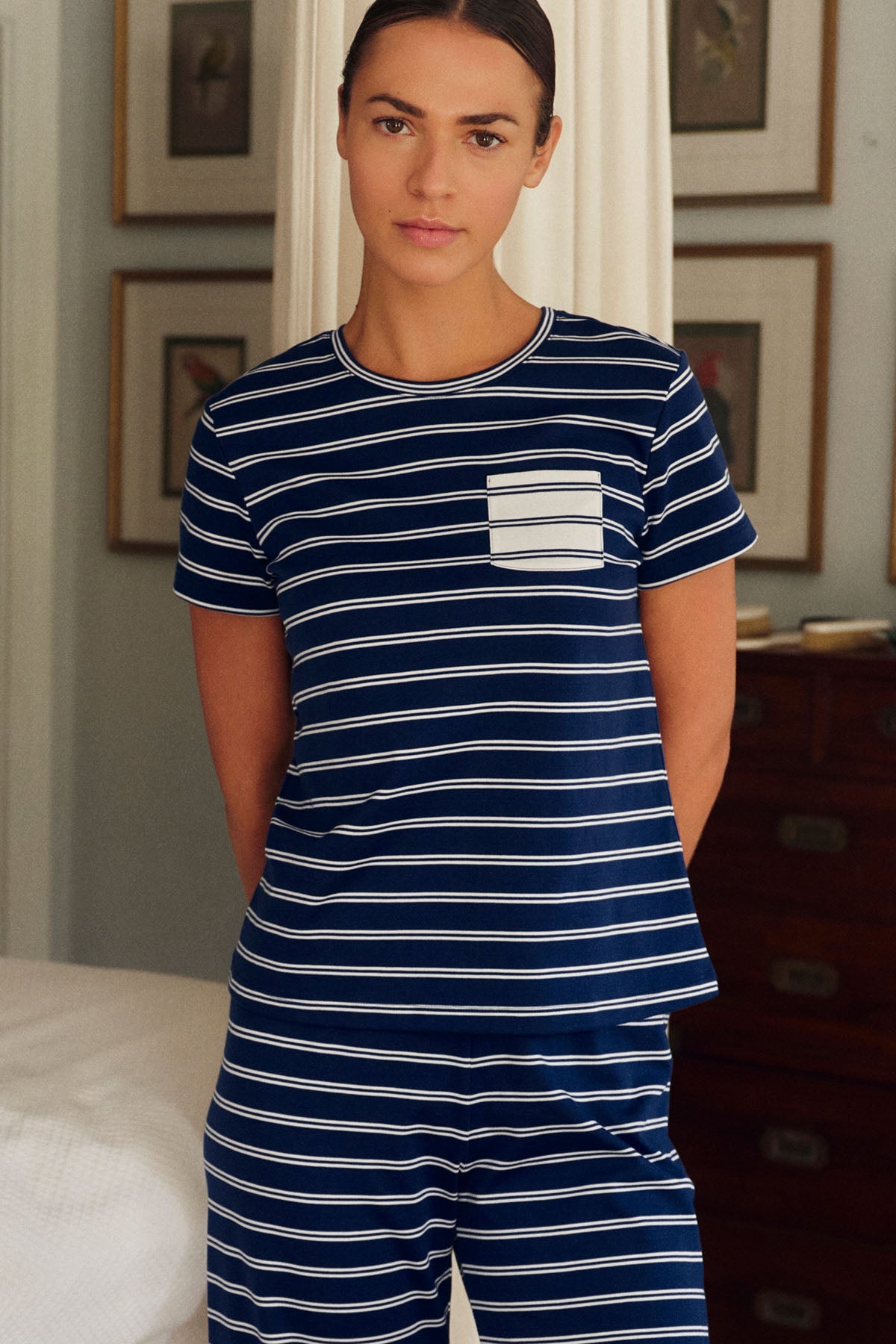 Pima Crew Wide Leg Pajama Set in Blue Depths Tidal Stripe