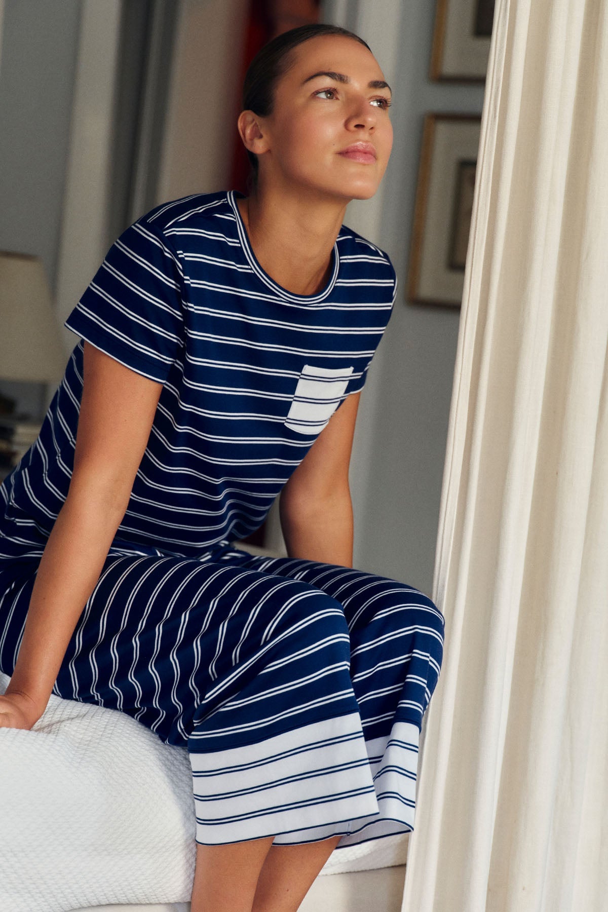 Pima Crew Wide Leg Pajama Set in Blue Depths Tidal Stripe