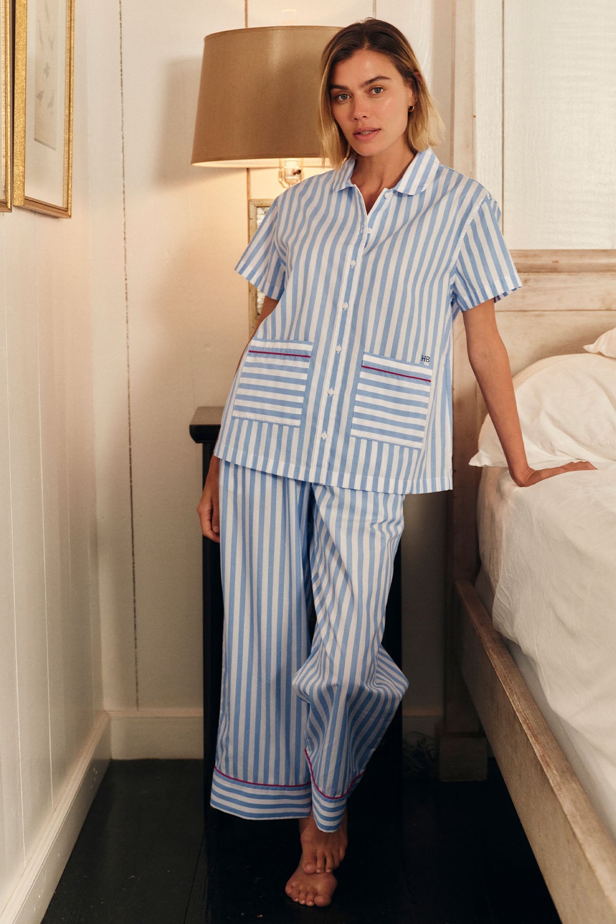 Poplin Piped Short-Long Set in Baltic Blue Beam Stripe