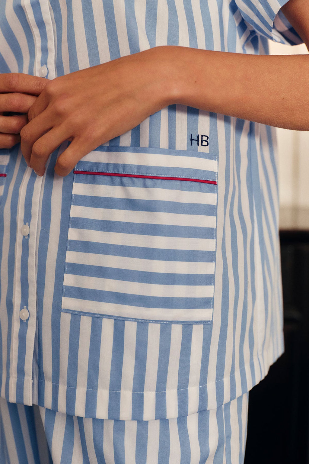 Poplin Piped Short-Long Set in Baltic Blue Beam Stripe